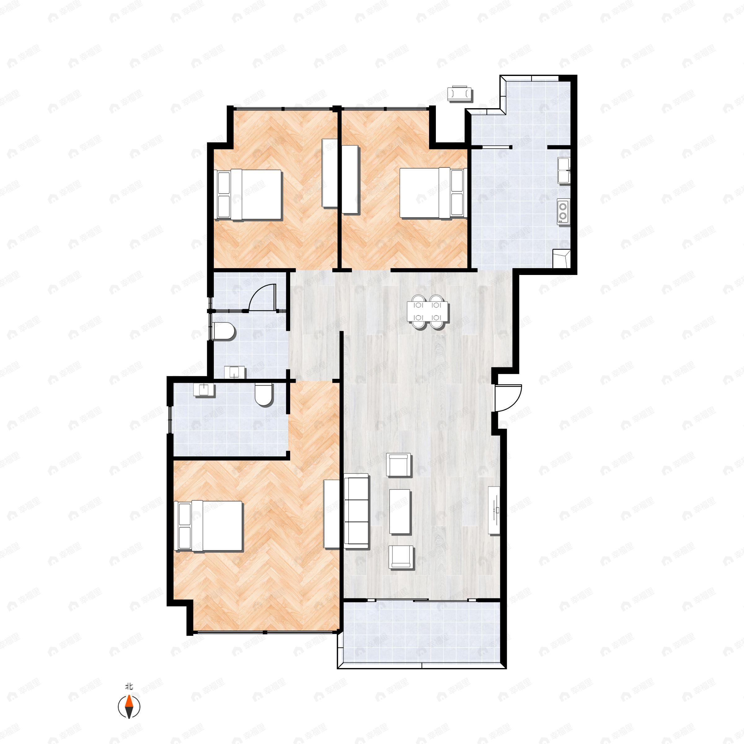 3室2厅2卫建面91平南户型图