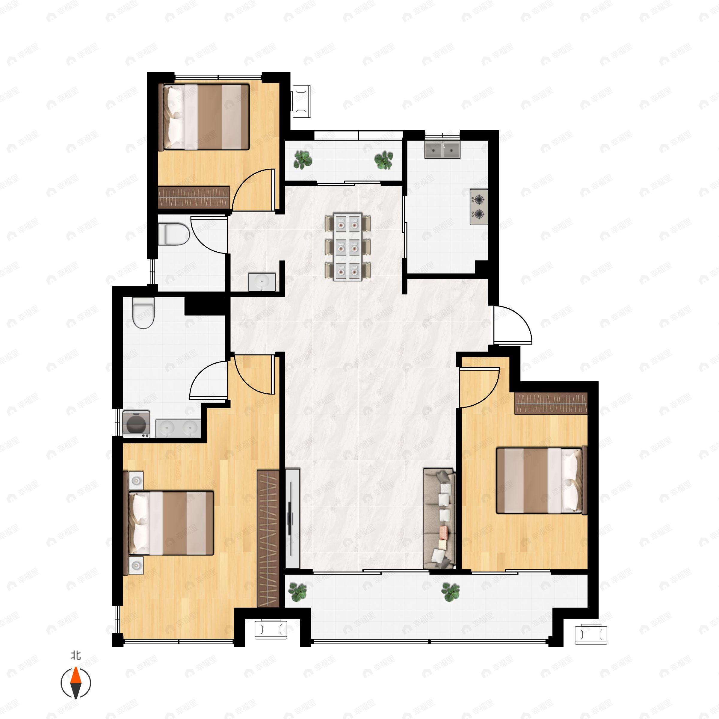 3室2厅2卫建面114m²南户型图