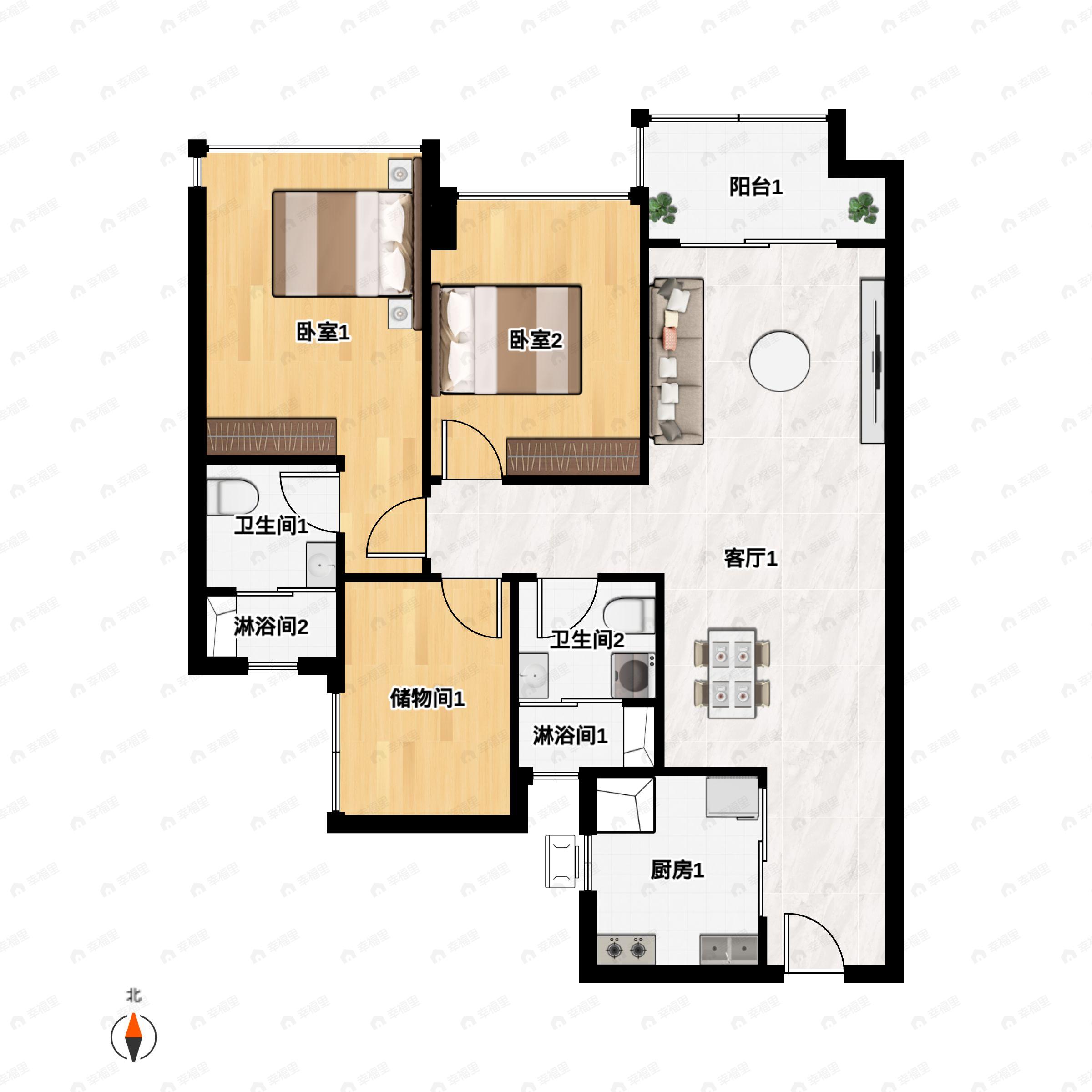 2室2厅2卫建面87m²北户型图