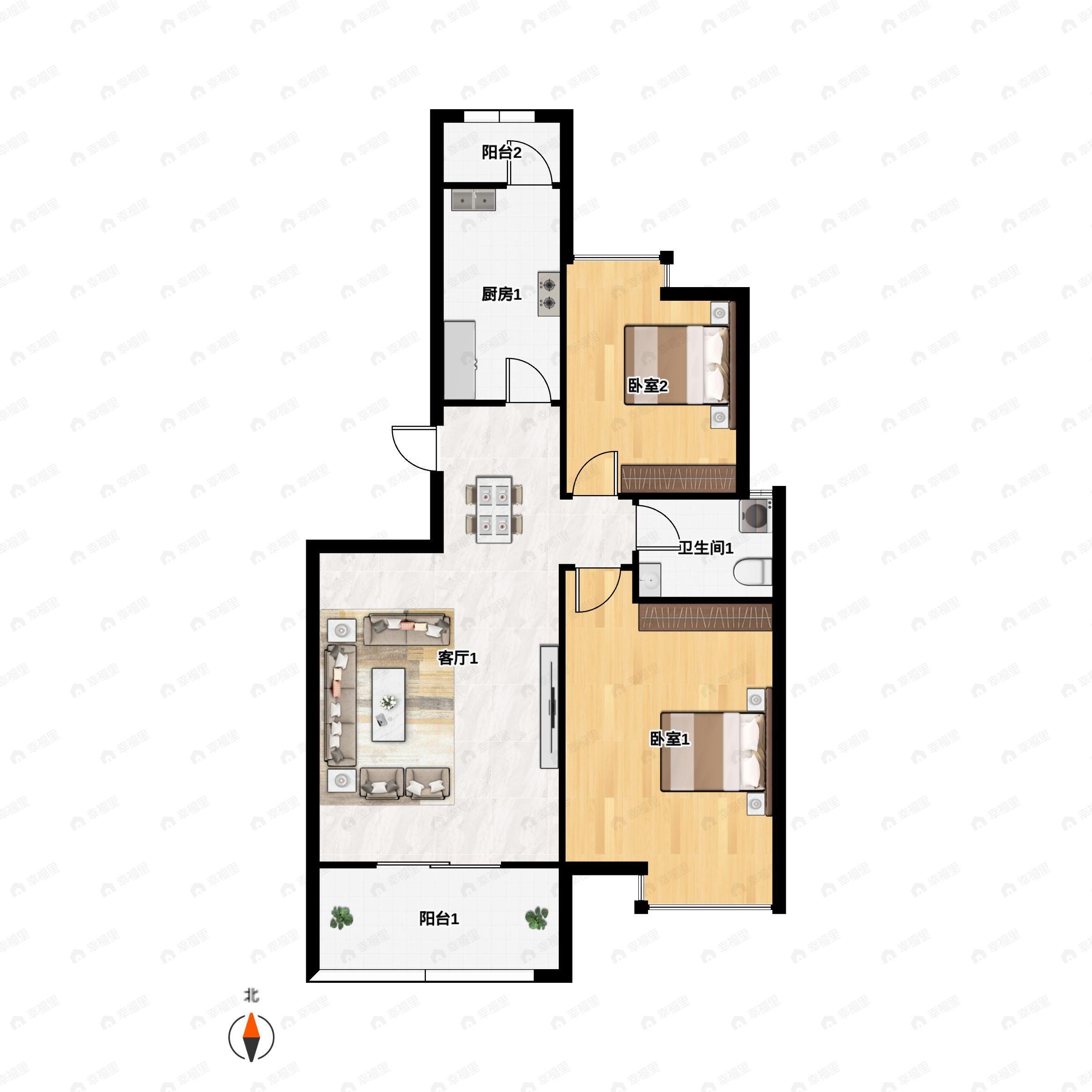 2室2厅1卫建面91m²东户型图
