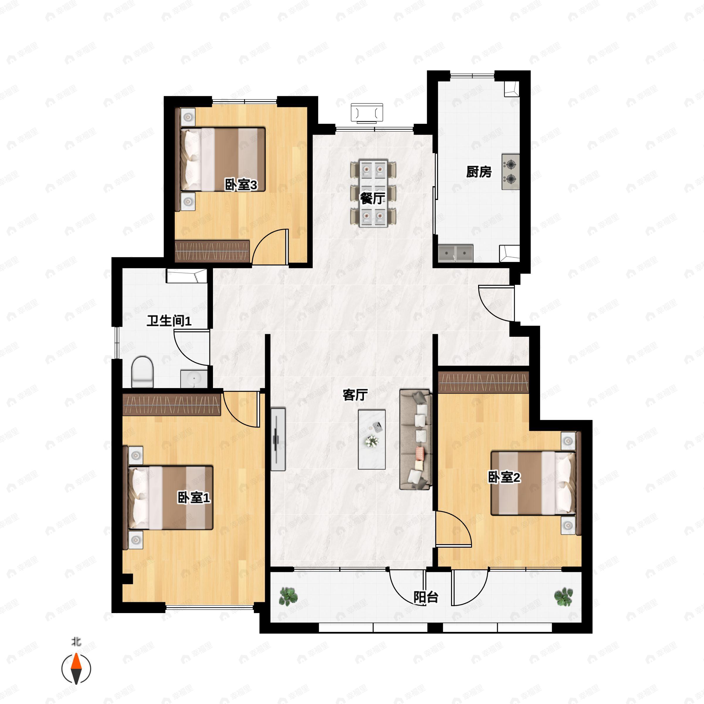 3室2厅1卫建面109m²南户型图