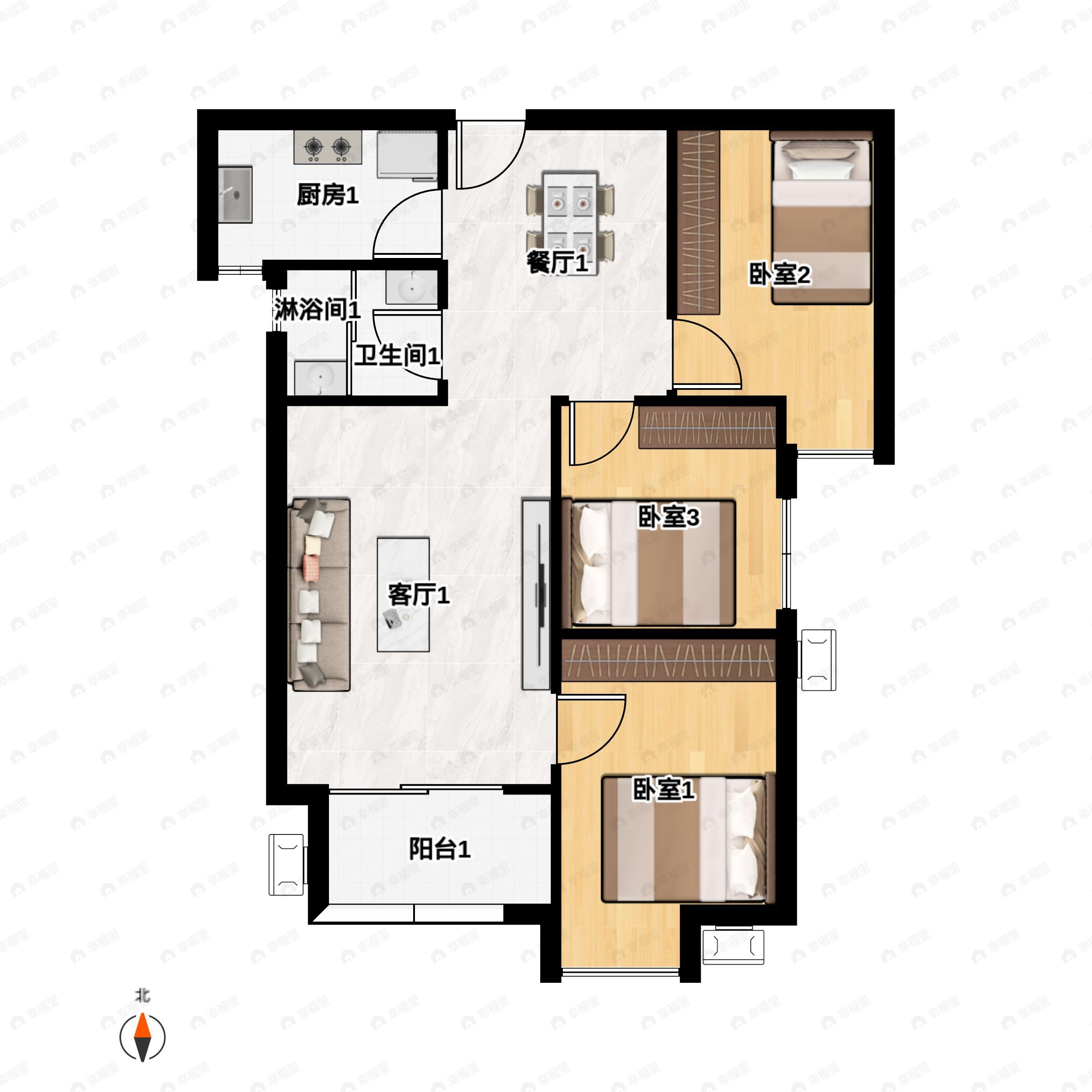 3室2厅1卫建面95m²南户型图