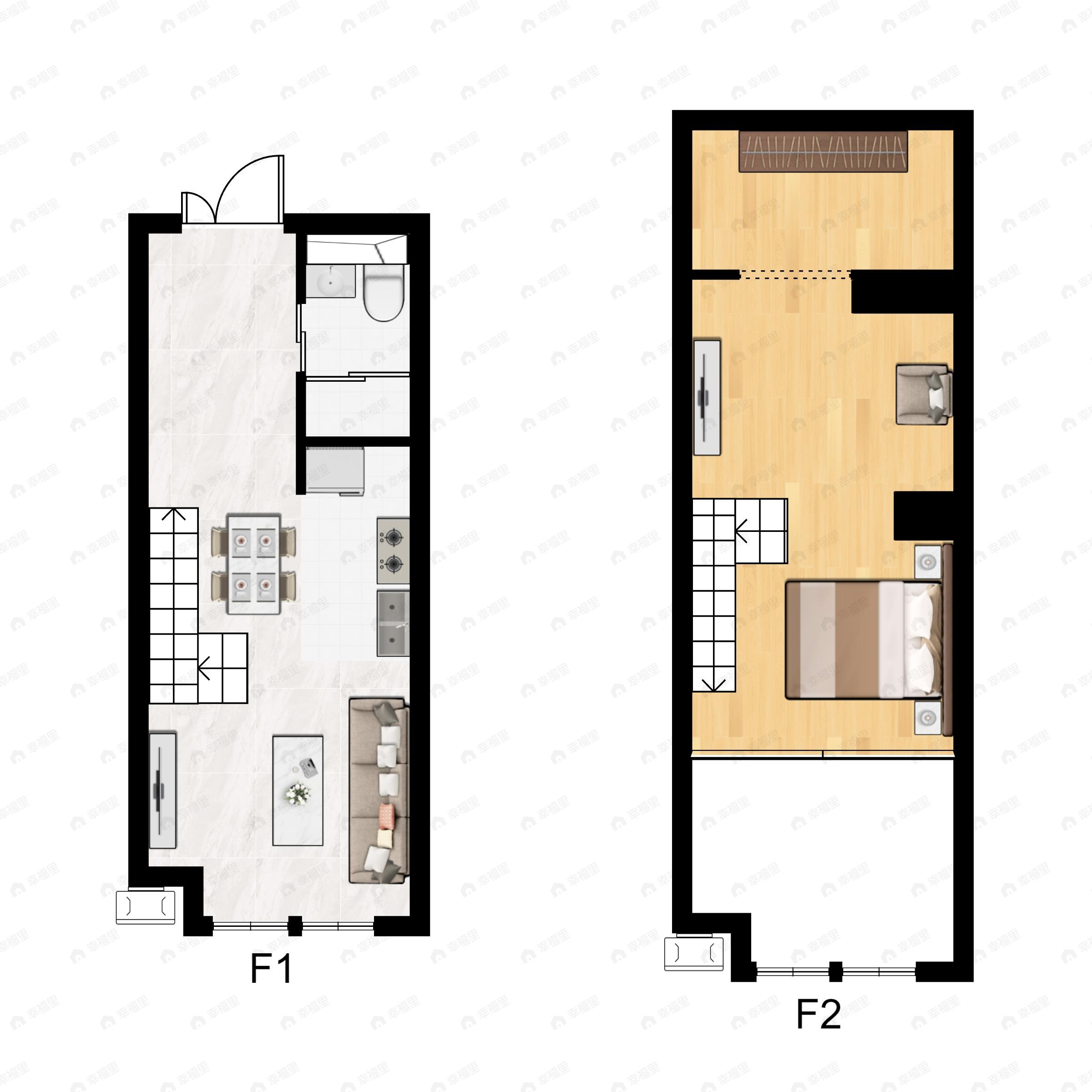 1室2厅1卫建面50m²北|南户型图