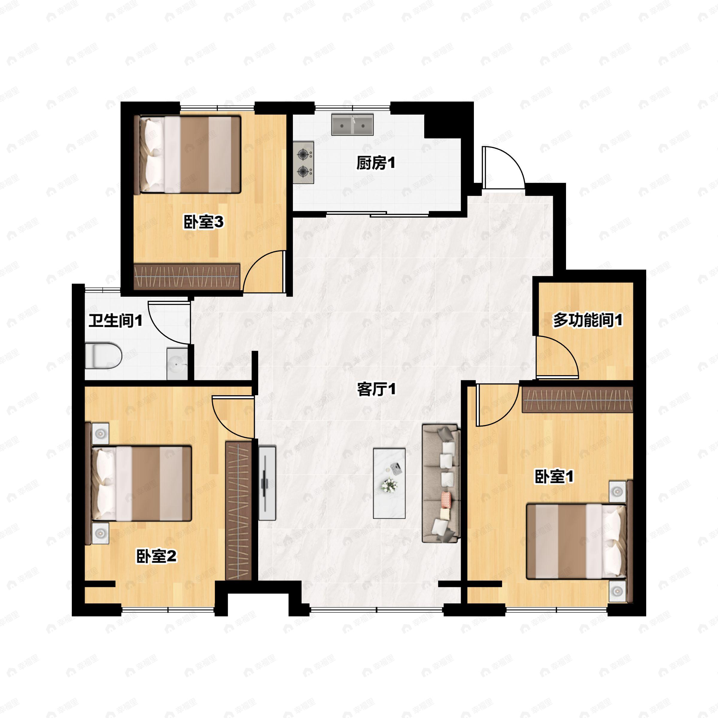 3室2厅1卫建面107平北|南户型图