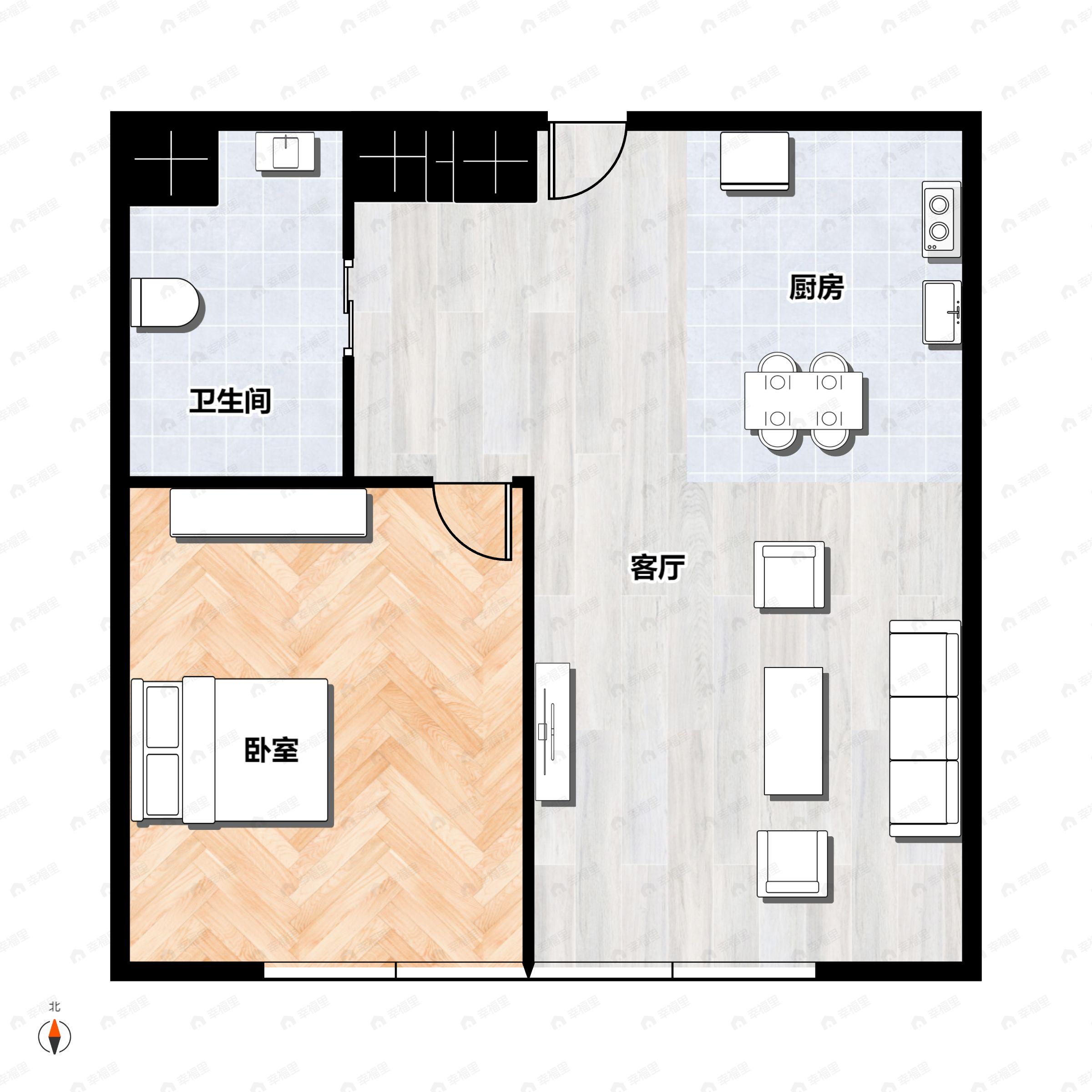 1室2厅1卫建面68m²南户型图