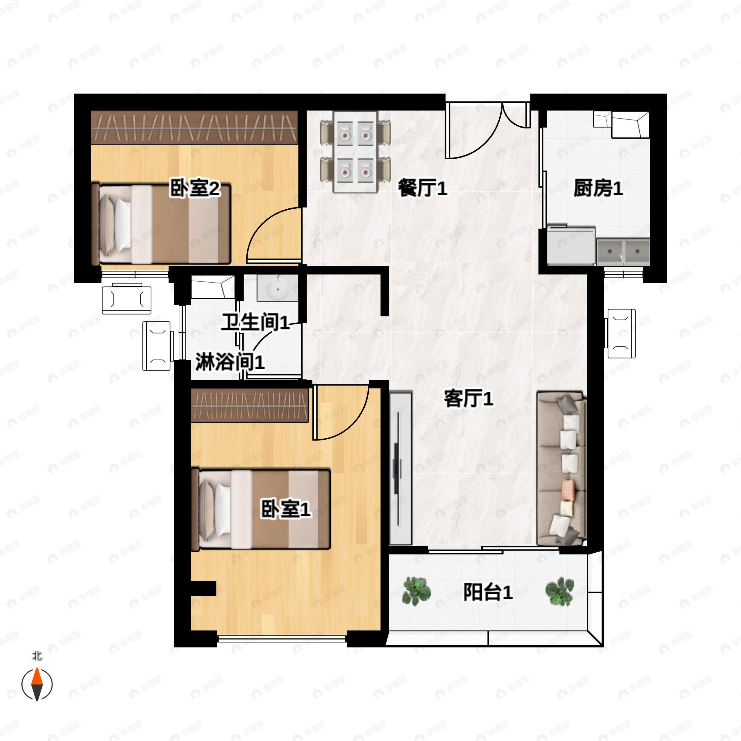 2室2厅1卫建面78平户型图