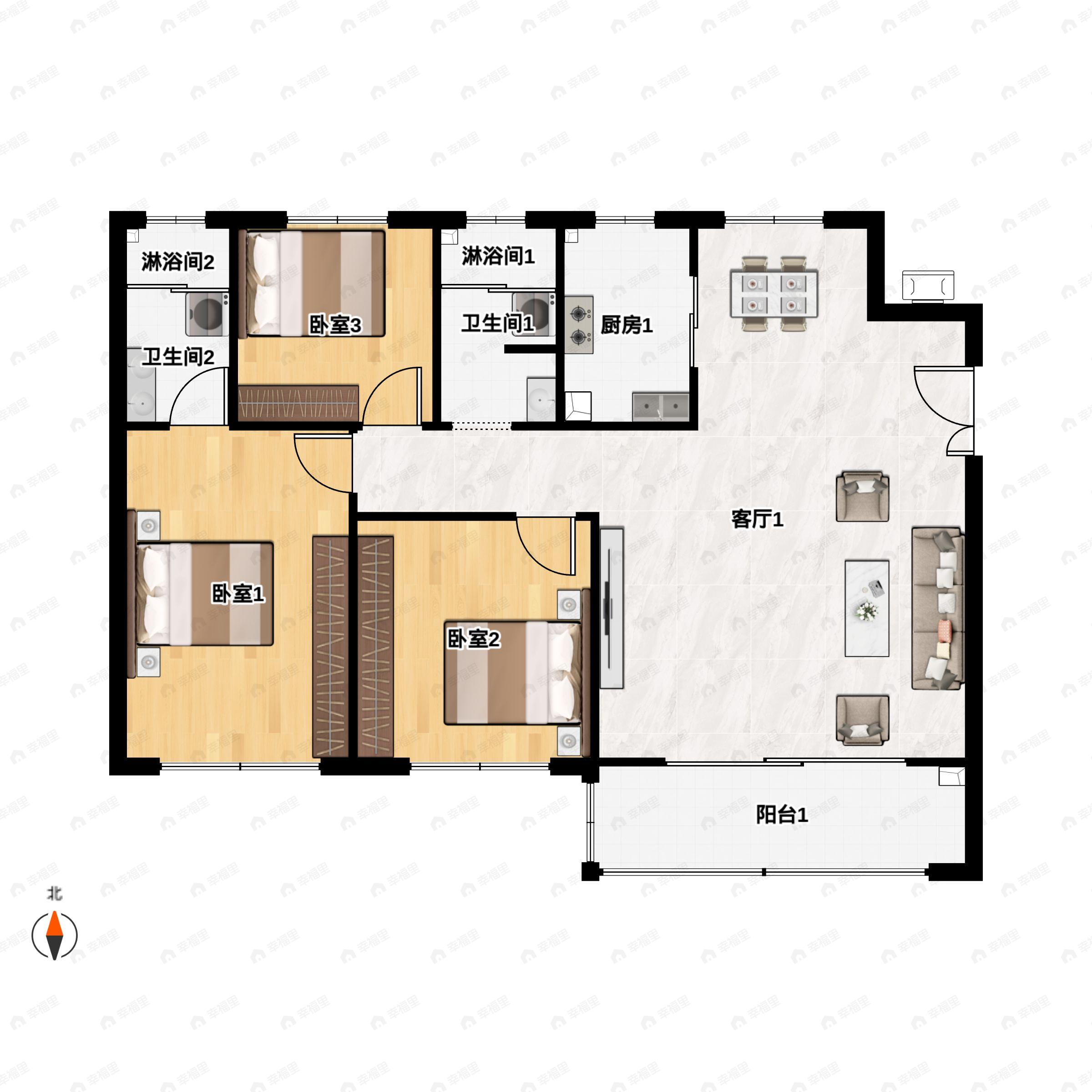 3室2厅2卫建面131平南户型图