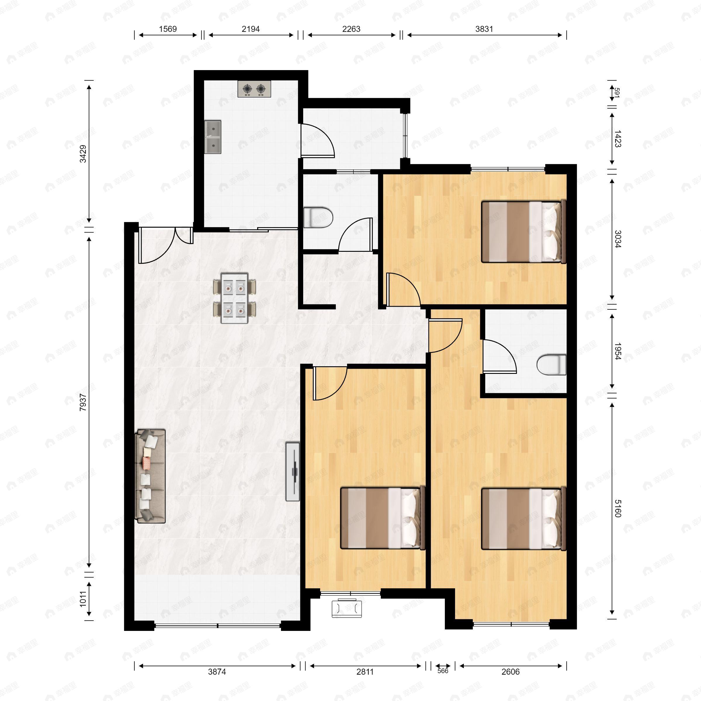 3室2厅2卫建面137平户型图