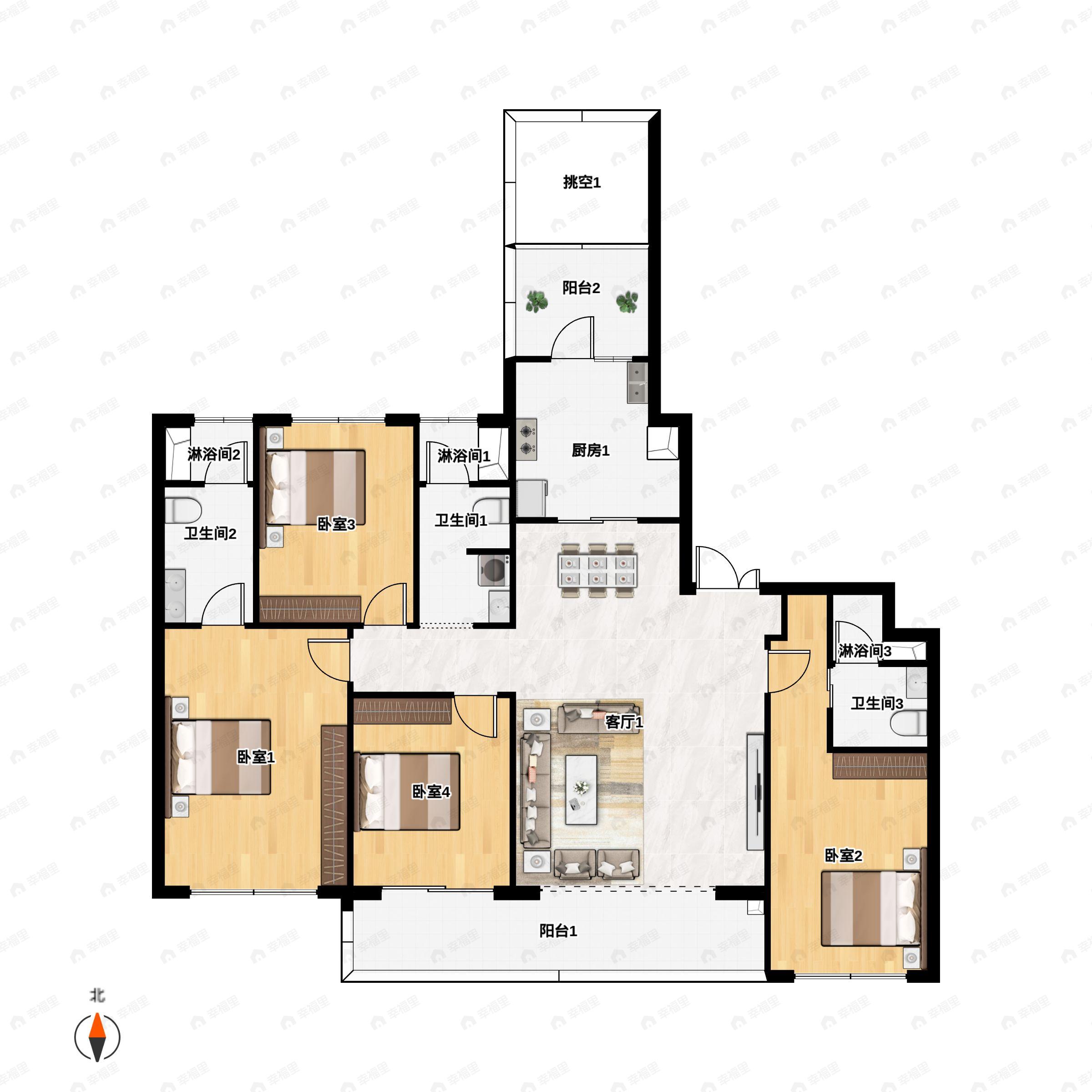 4室2厅3卫建面172平北|南户型图