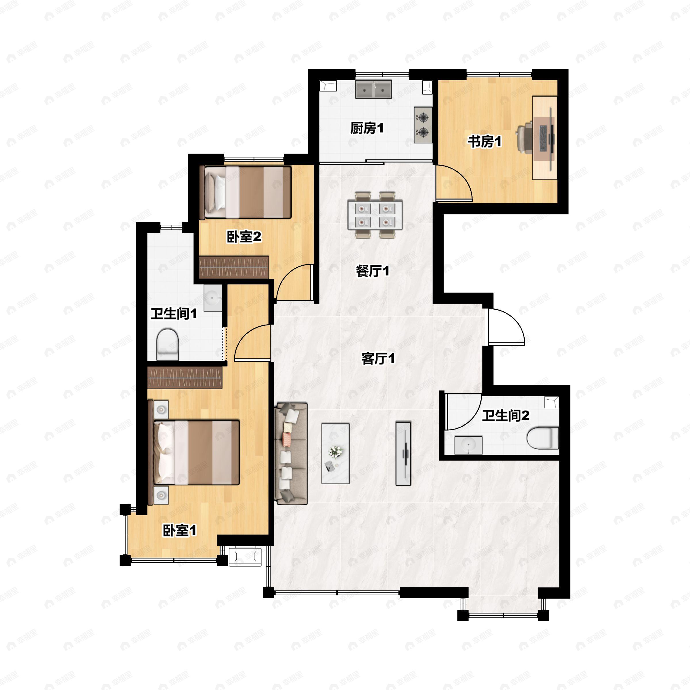 3室2厅2卫建面137m²南户型图