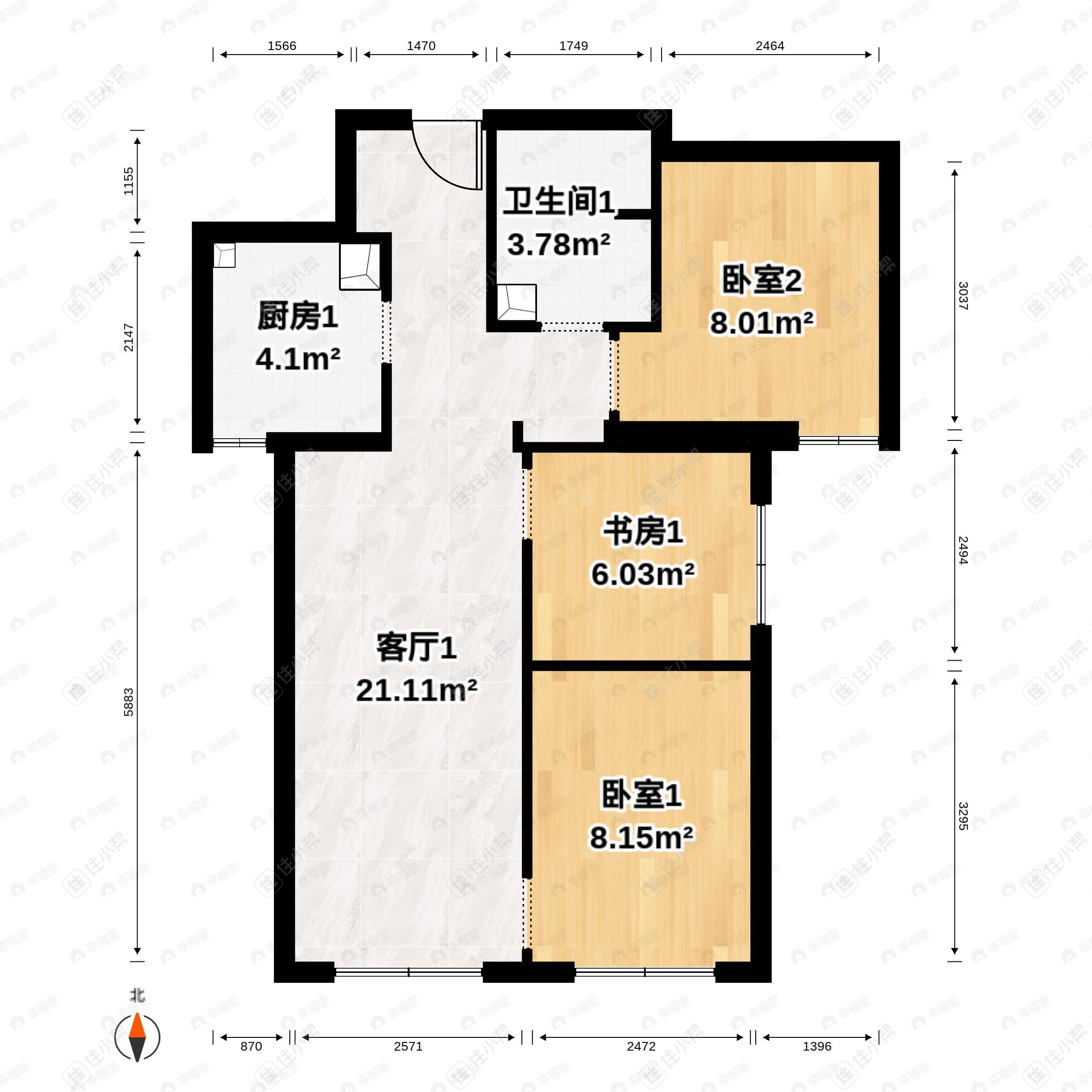 3室2厅1卫建面110平南户型图