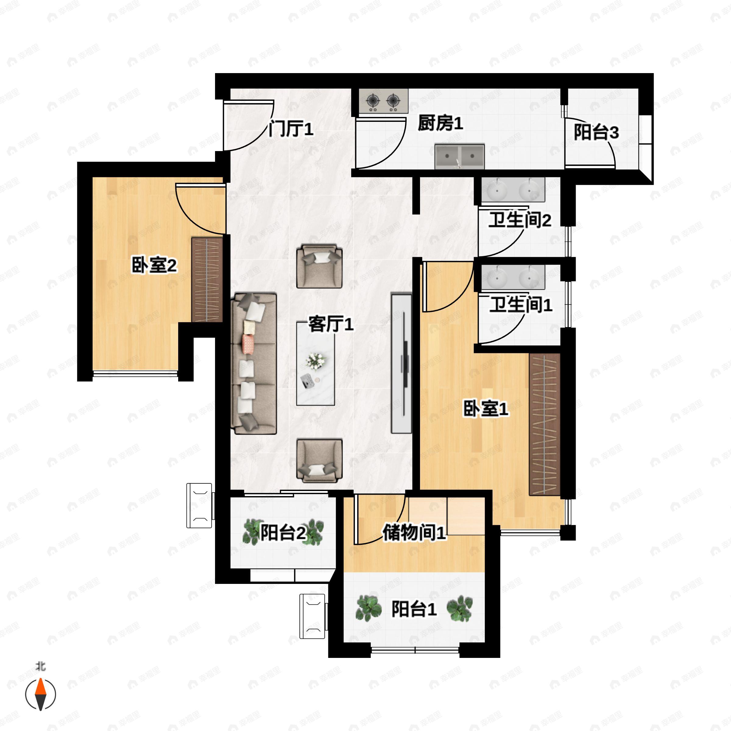 富州平顶山2室2厅2卫户型图
