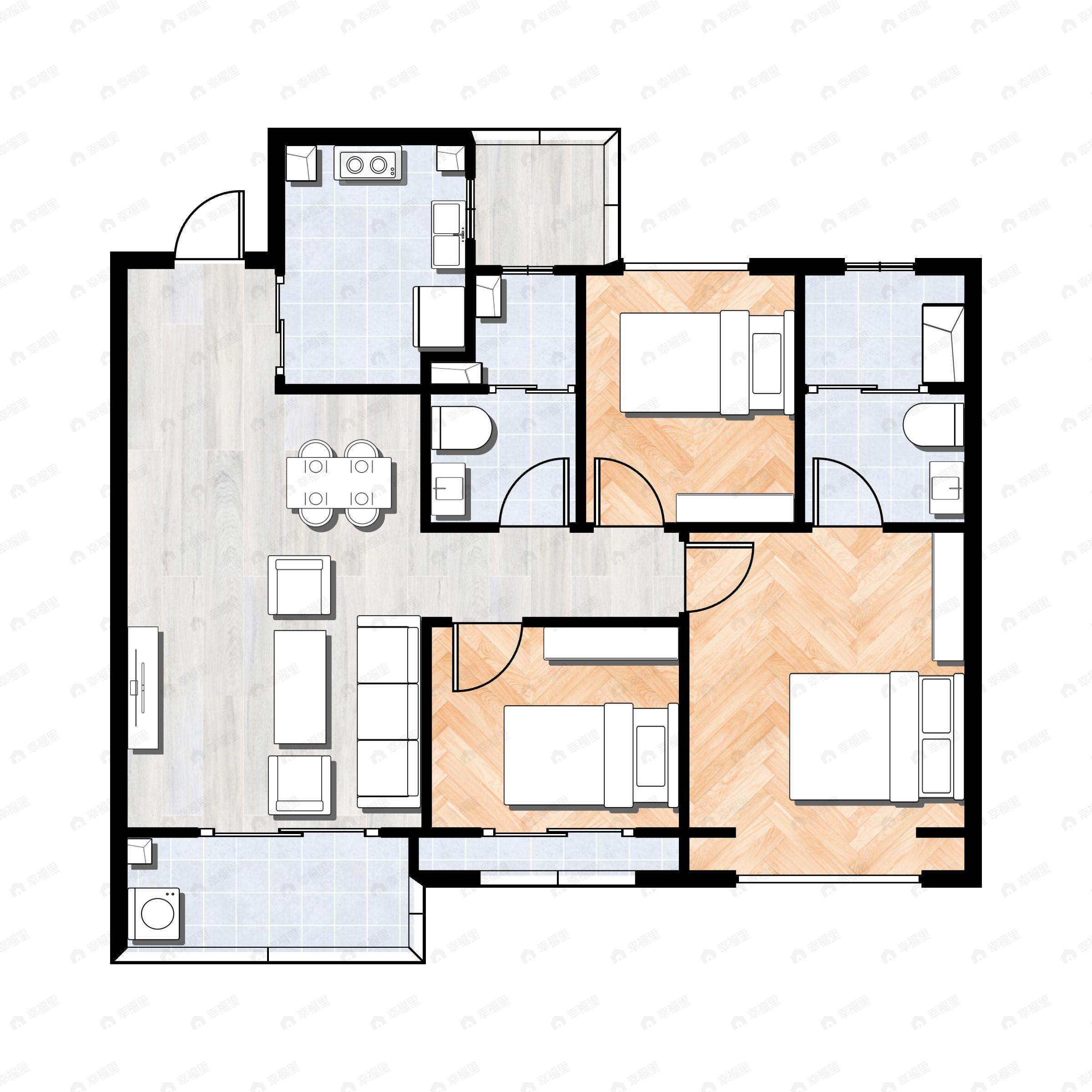 3室2厅2卫建面99平北|南户型图
