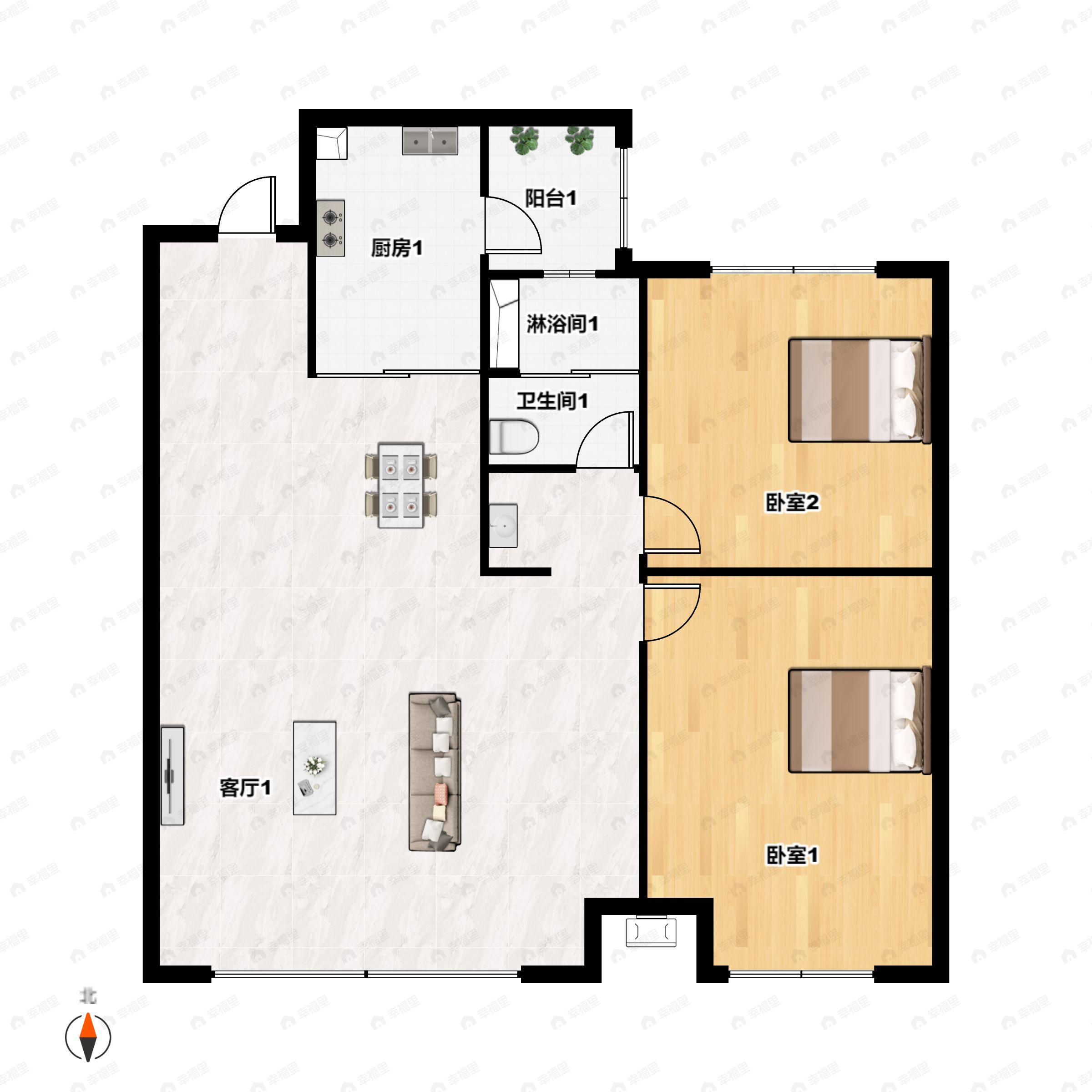 2室2厅1卫建面87m²南户型图