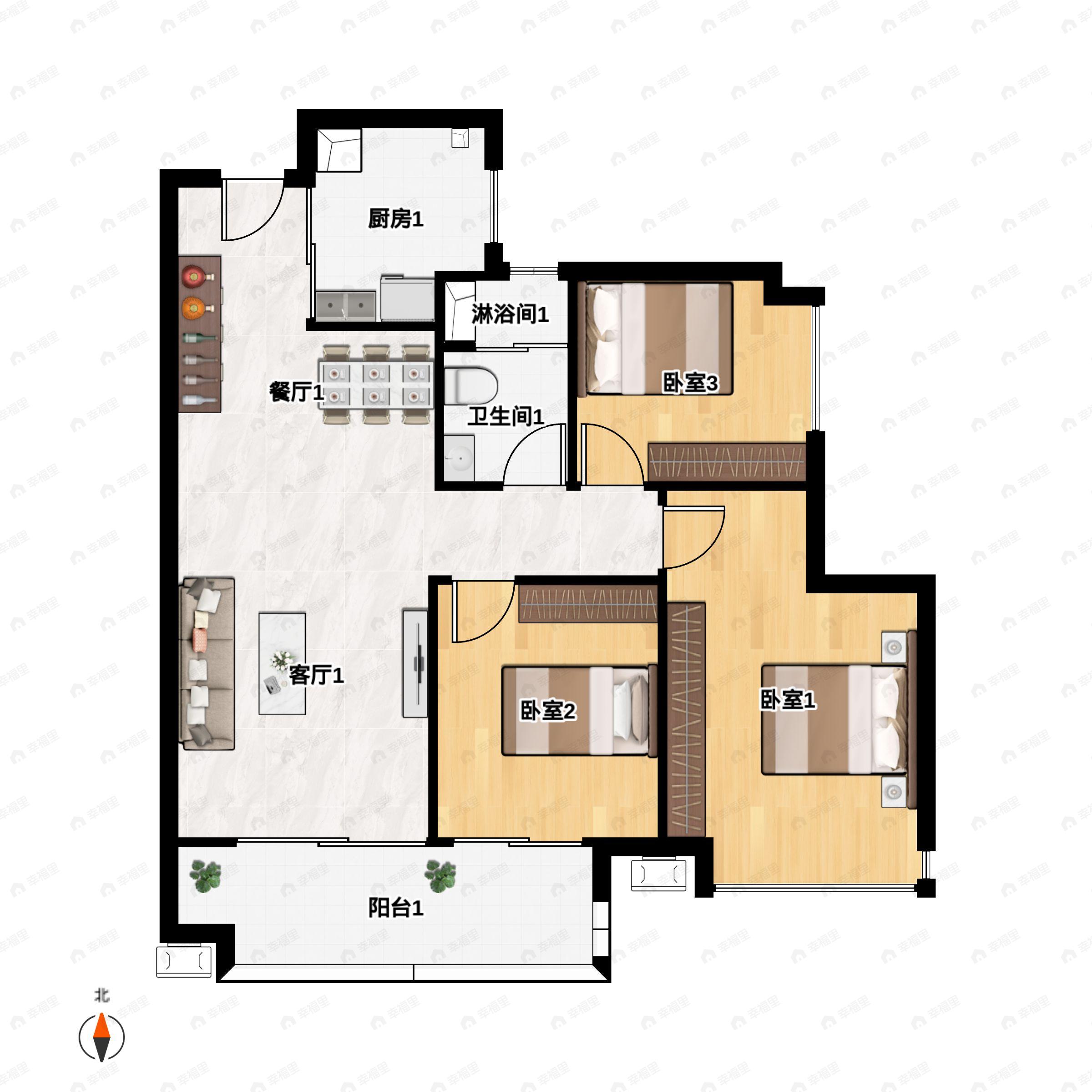 3室2厅1卫建面85m²南户型图
