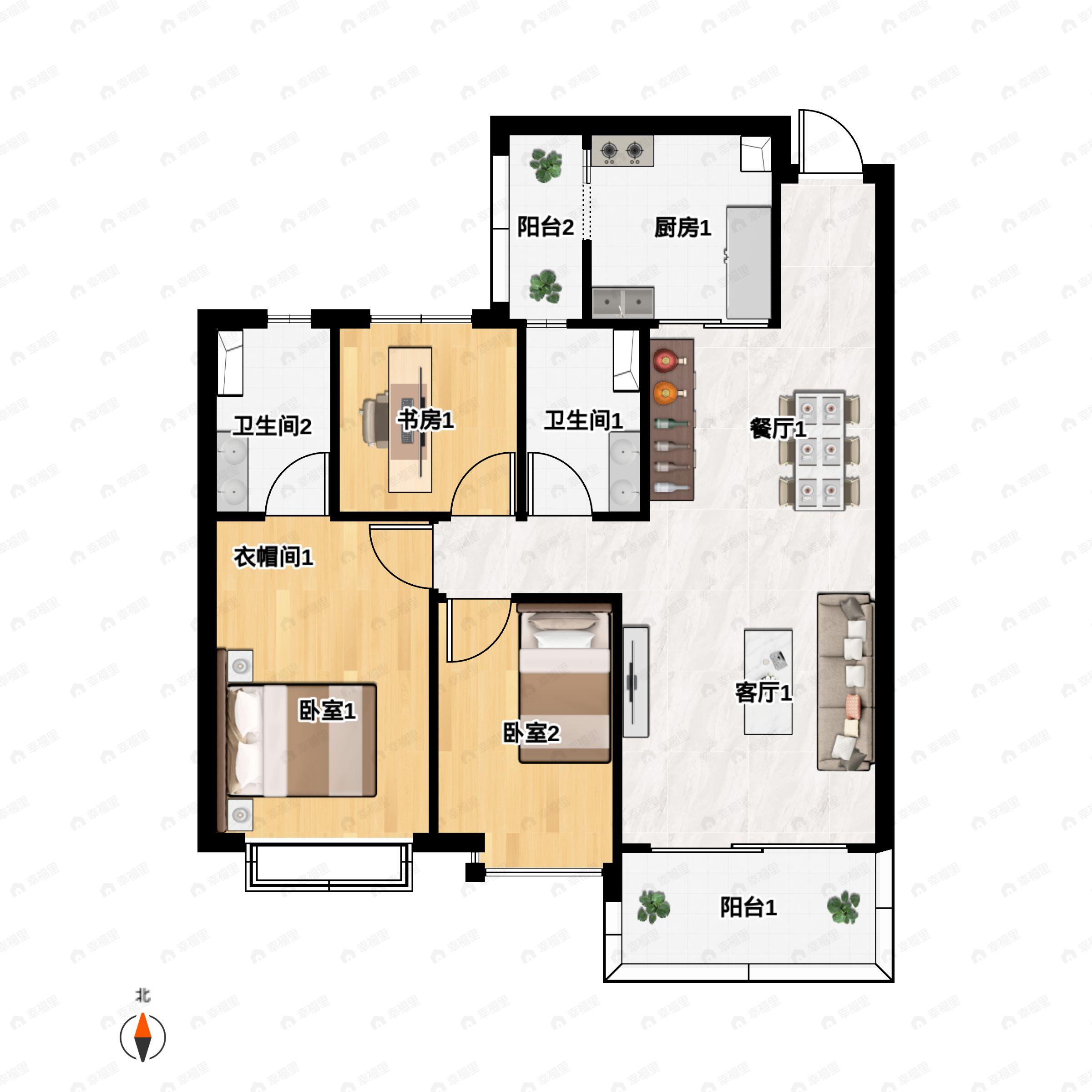 3室2厅2卫建面118平南|北户型图