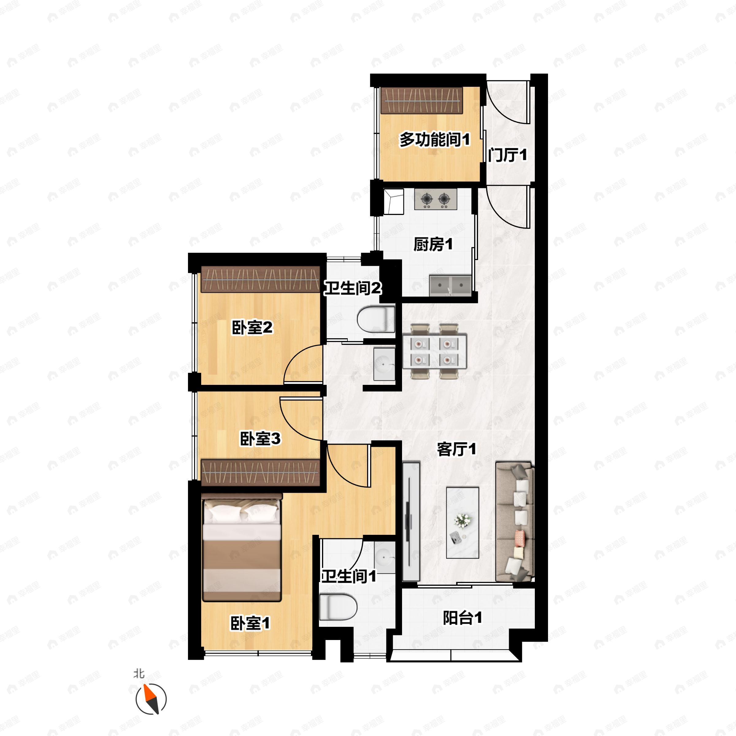 4室2厅2卫建面85平南户型图
