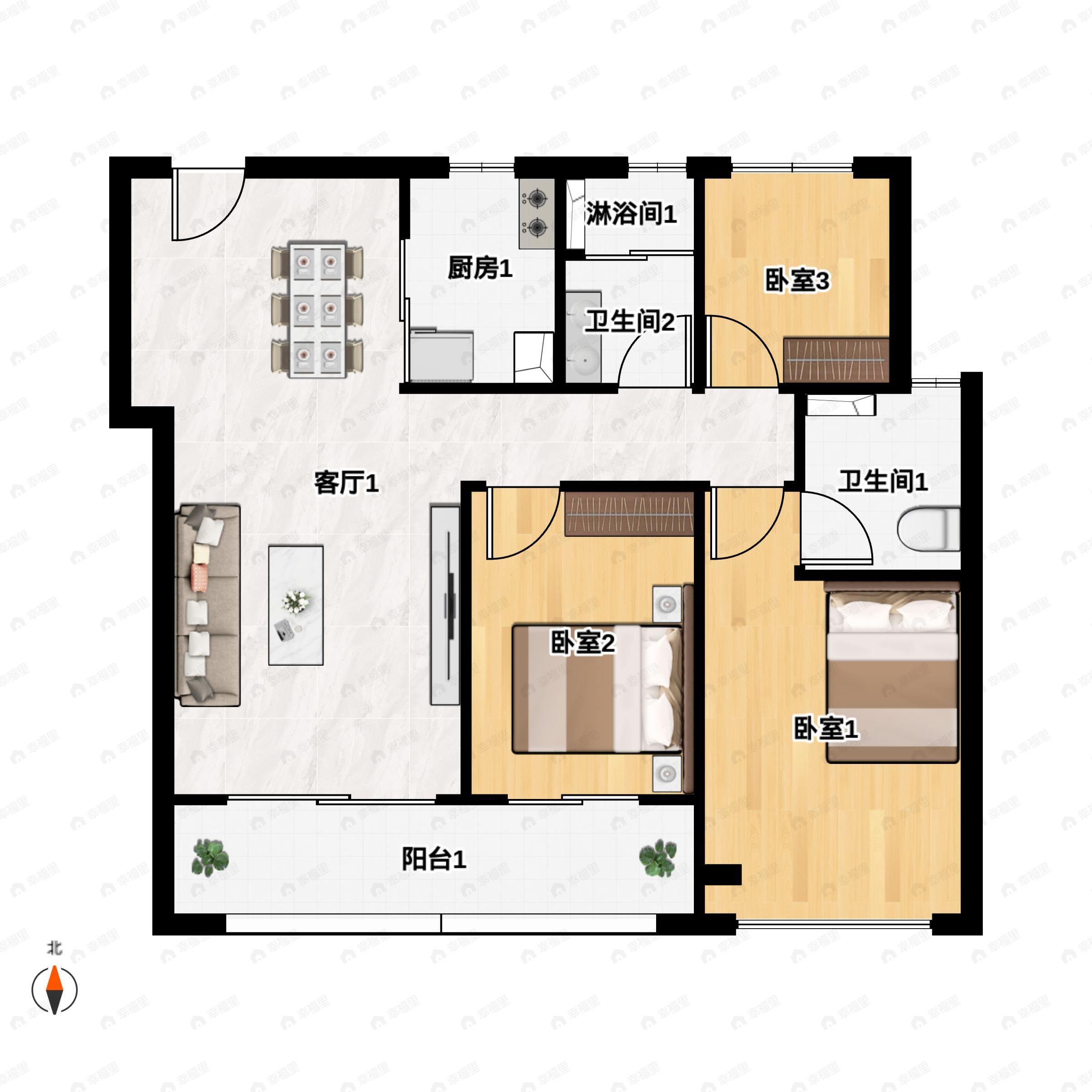 3室2厅2卫建面108平户型图