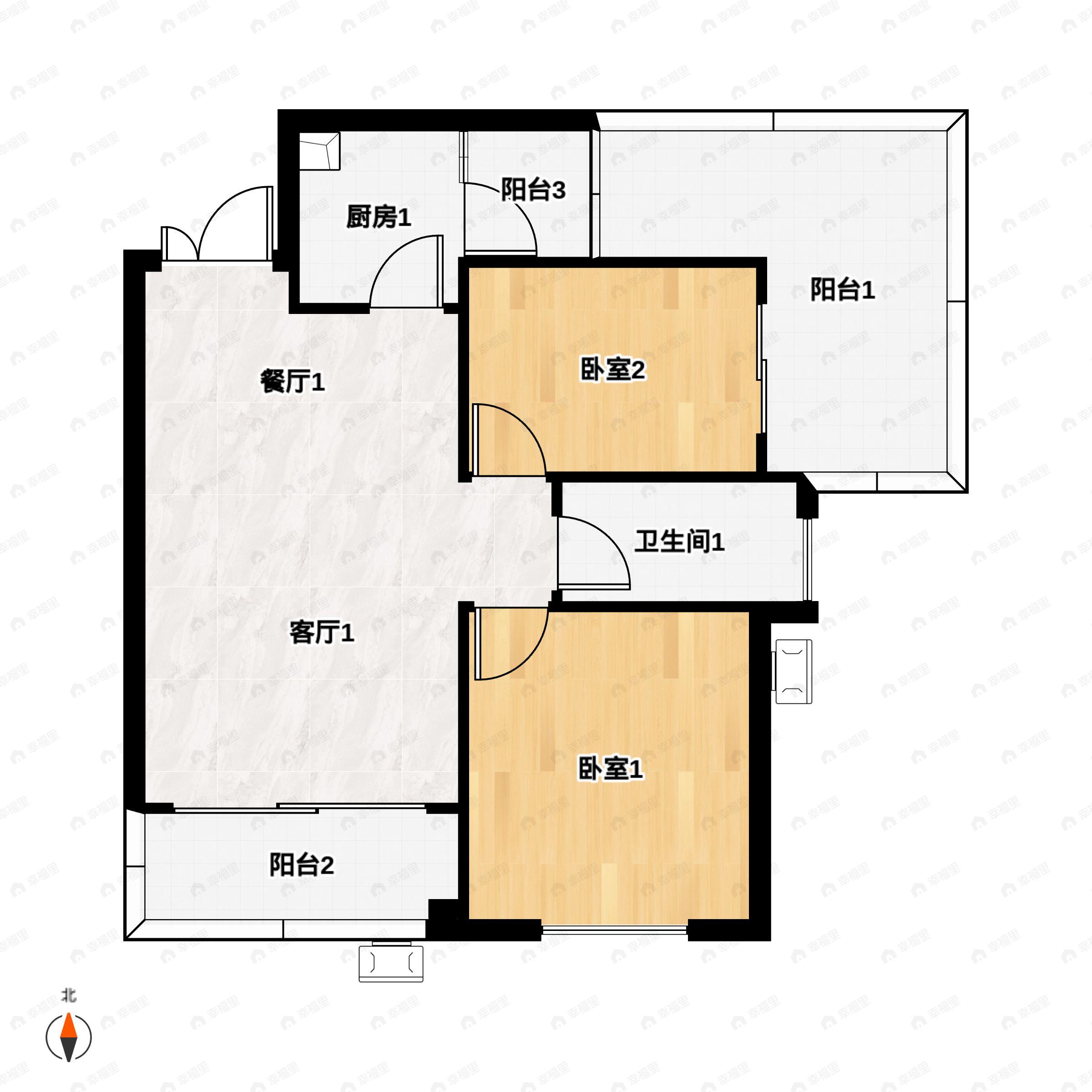2室2厅1卫建面77平户型图