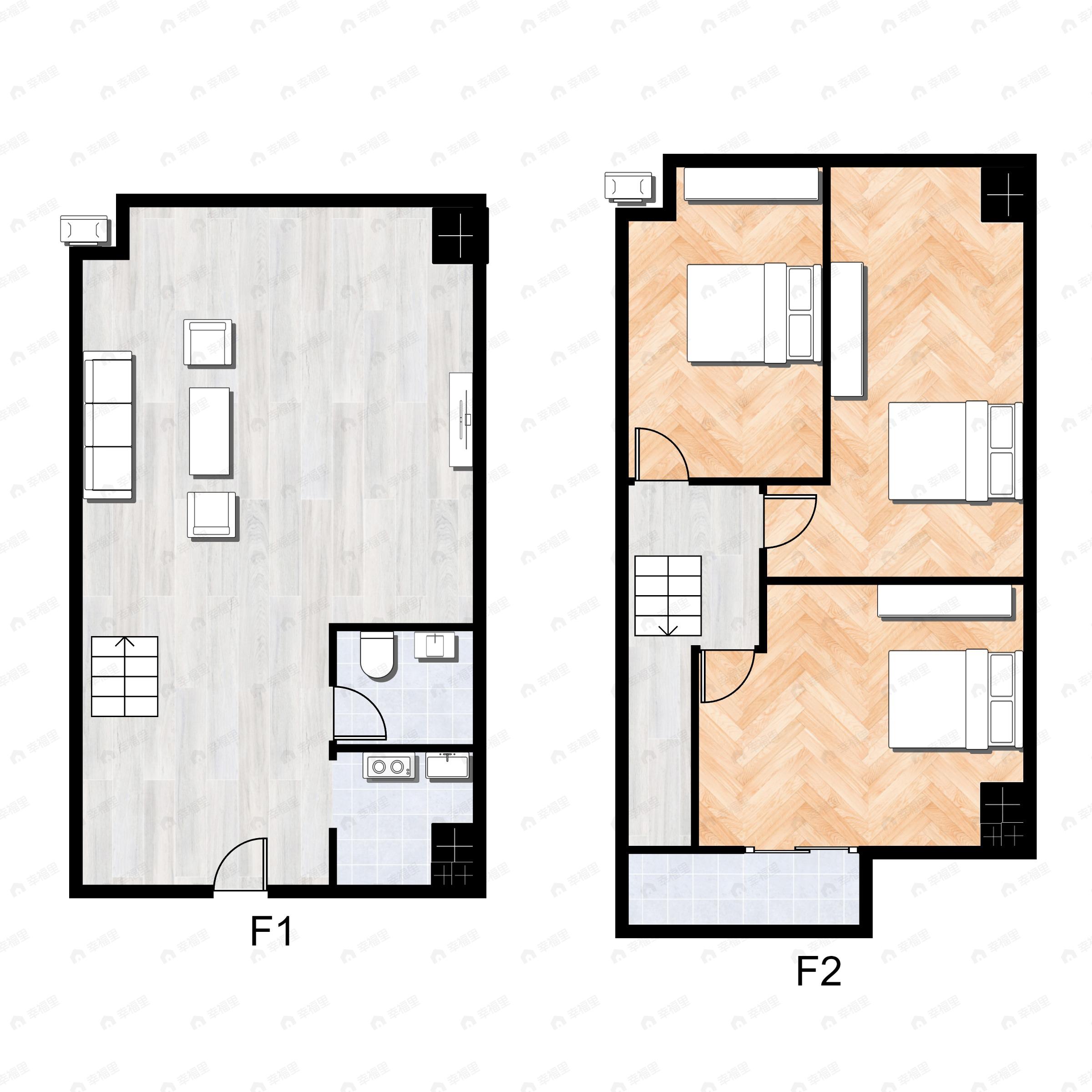 2室1厅2卫建面65m²北|南户型图