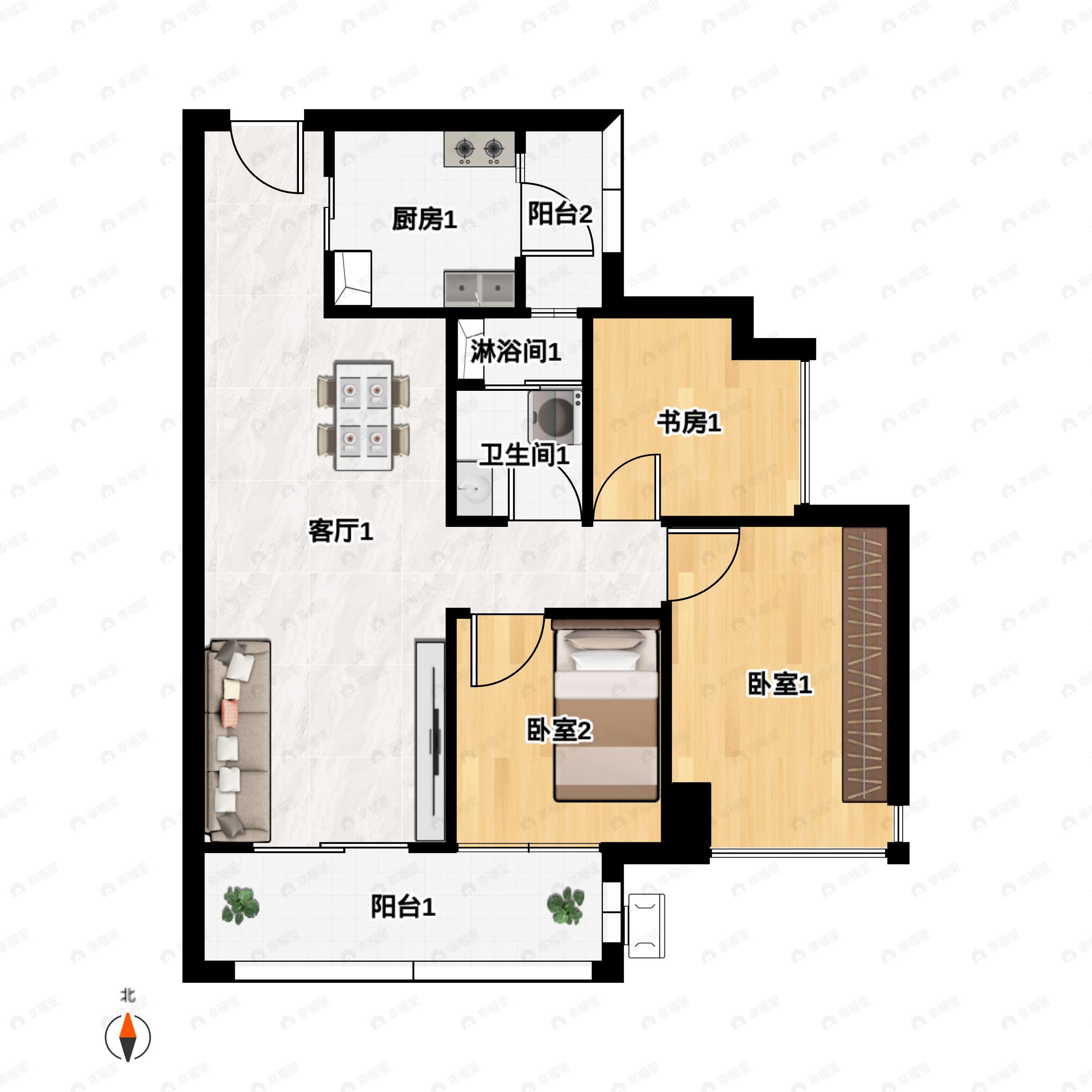 3室2厅1卫建面89m²南户型图