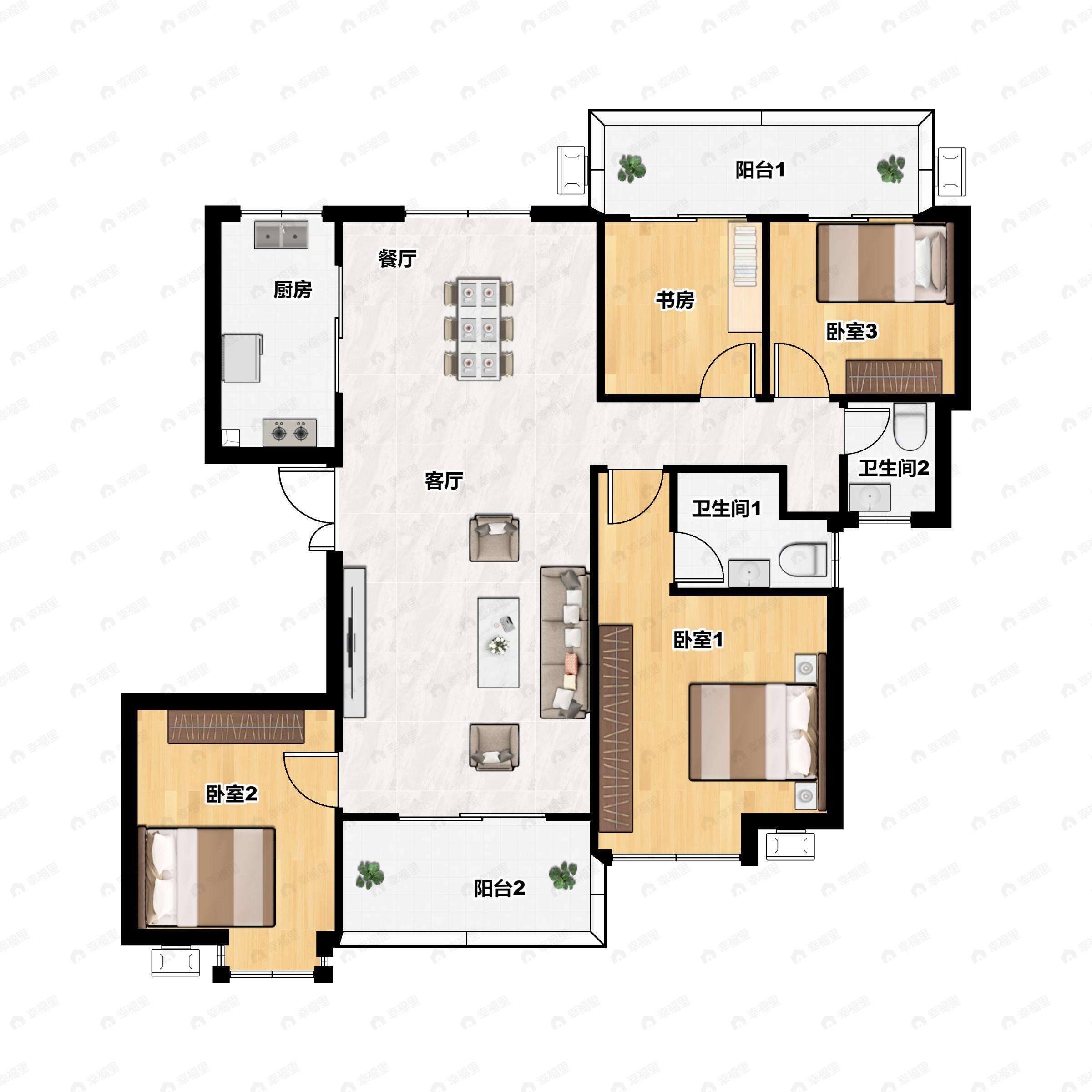 4室2厅2卫建面136m²南户型图