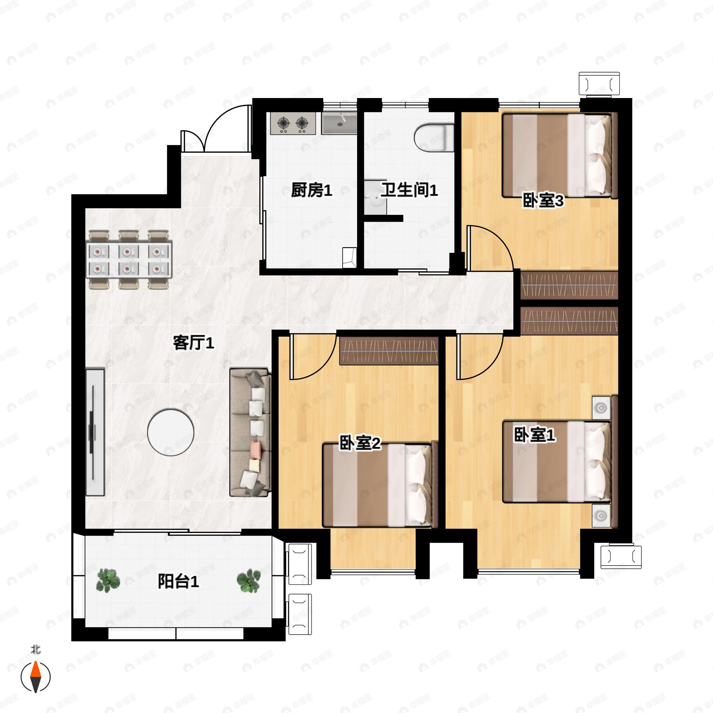 3室2厅1卫建面98m²南户型图