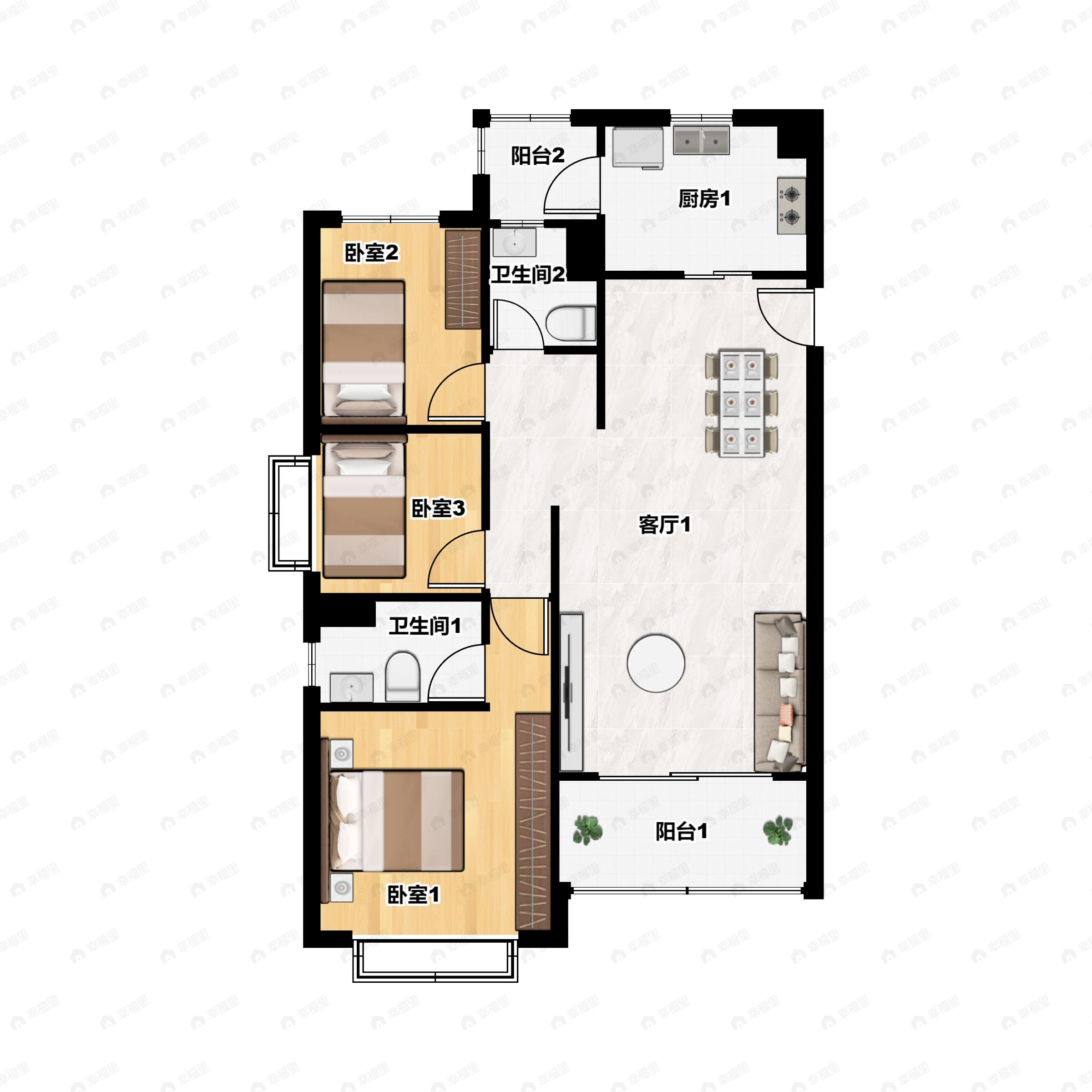 3室2厅2卫建面124平户型图