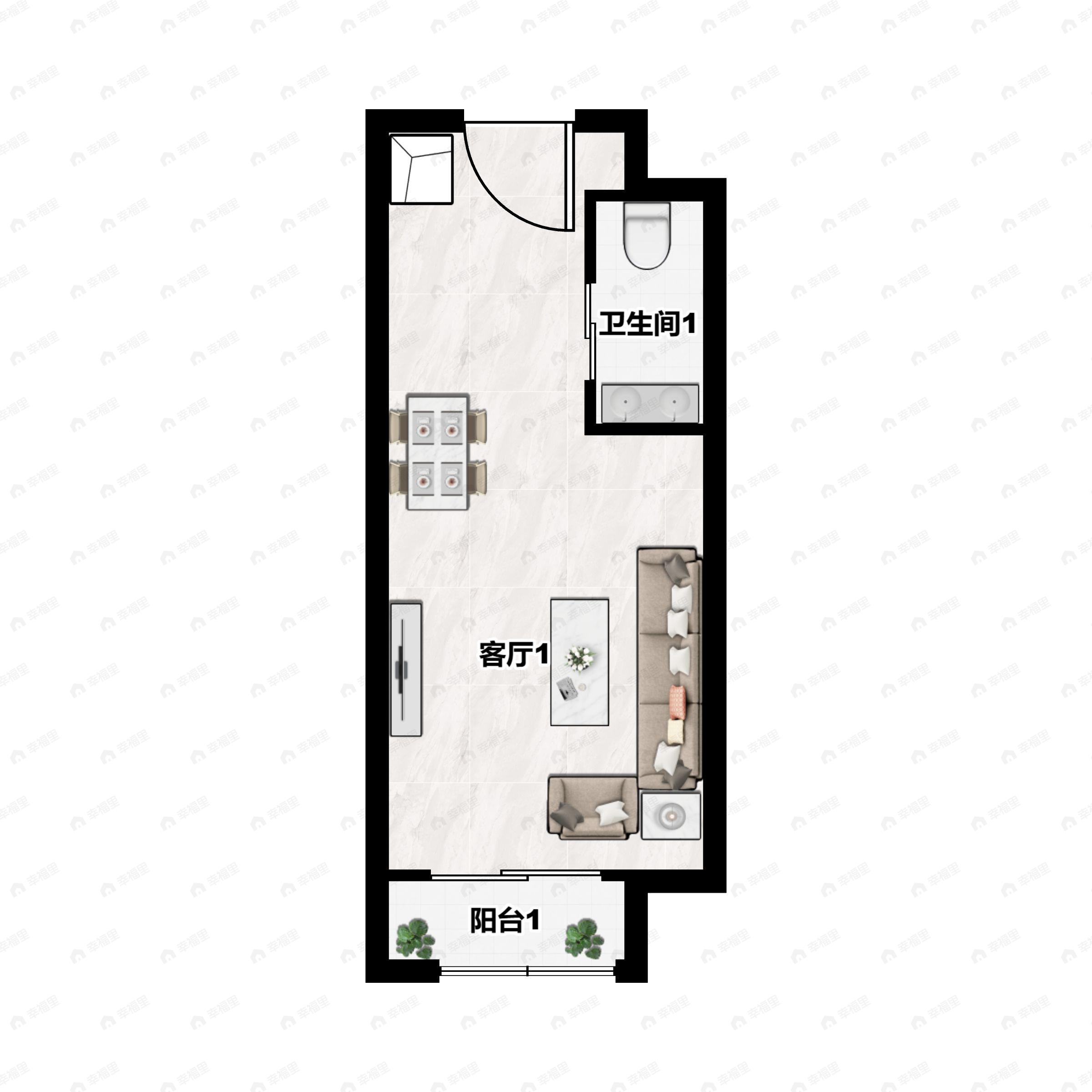 1室1厅1卫建面30m²南|北户型图