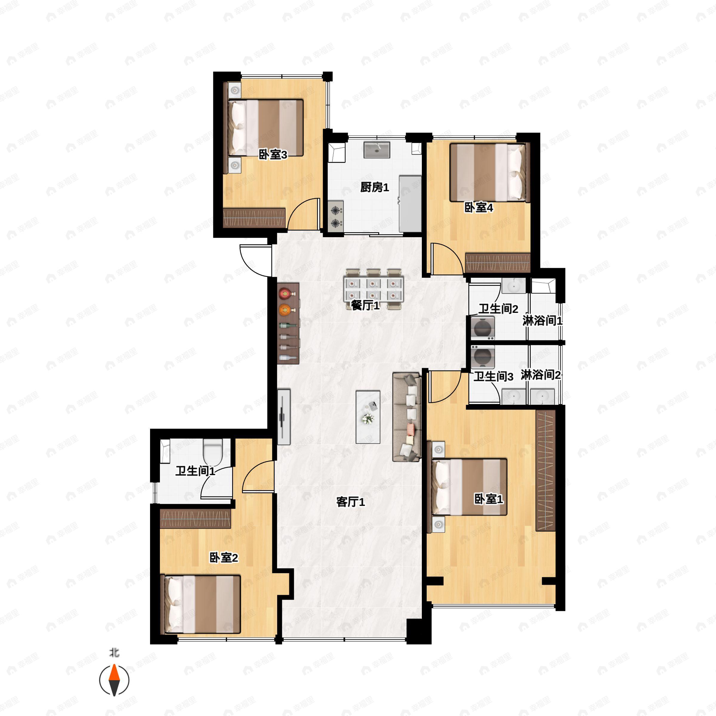4室2厅3卫建面143平南户型图
