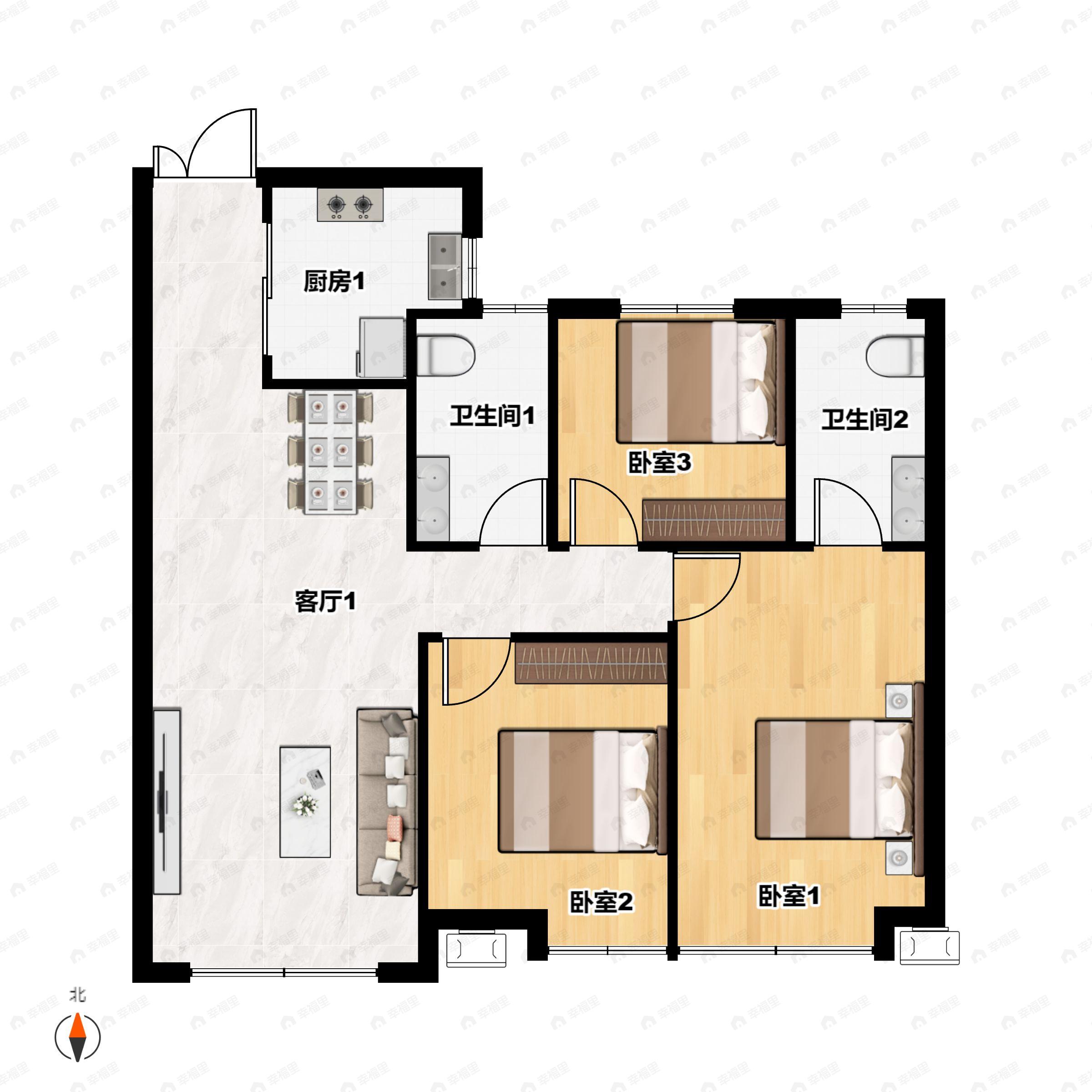 3室2厅2卫建面108m²北|南户型图
