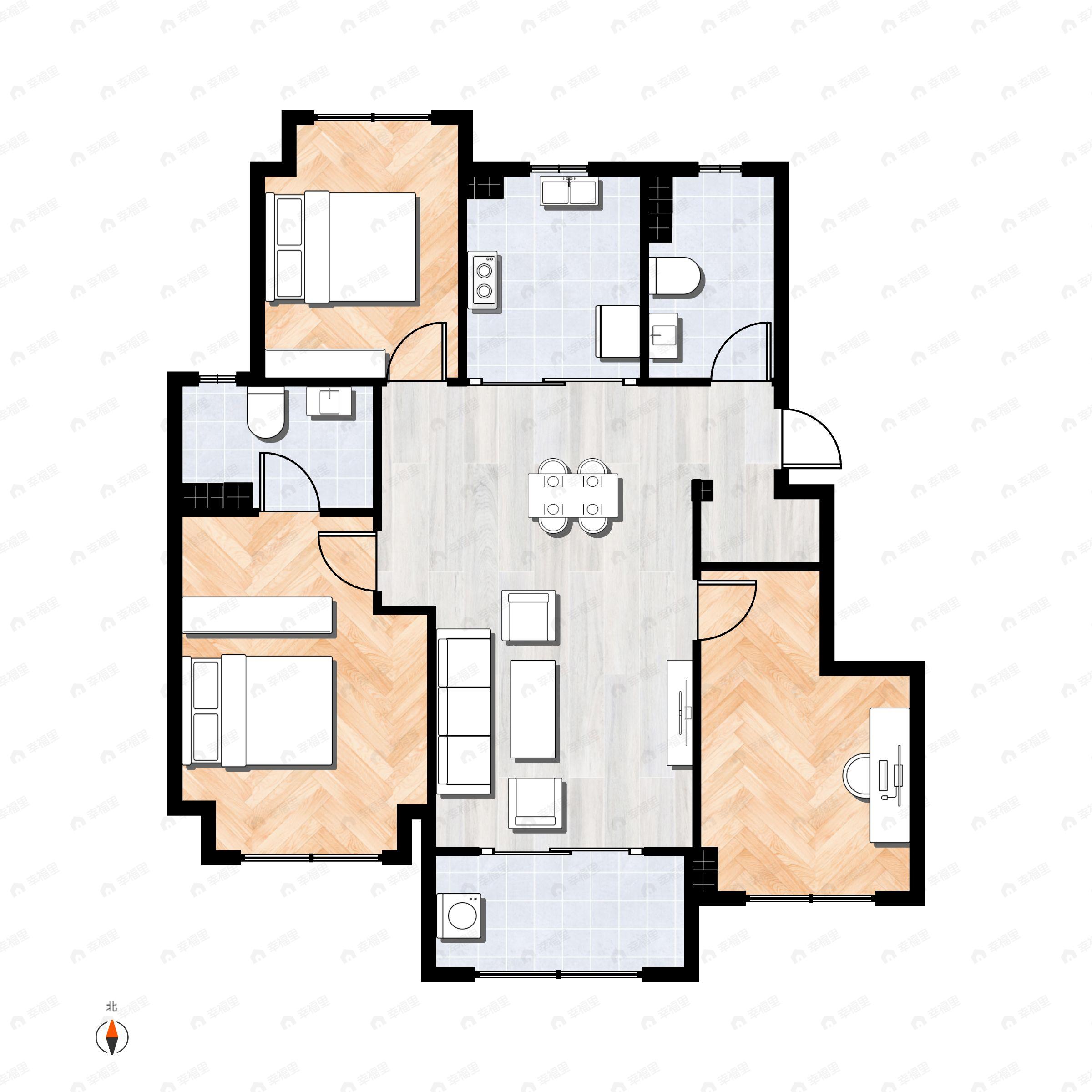 3室2厅2卫建面98m²南户型图