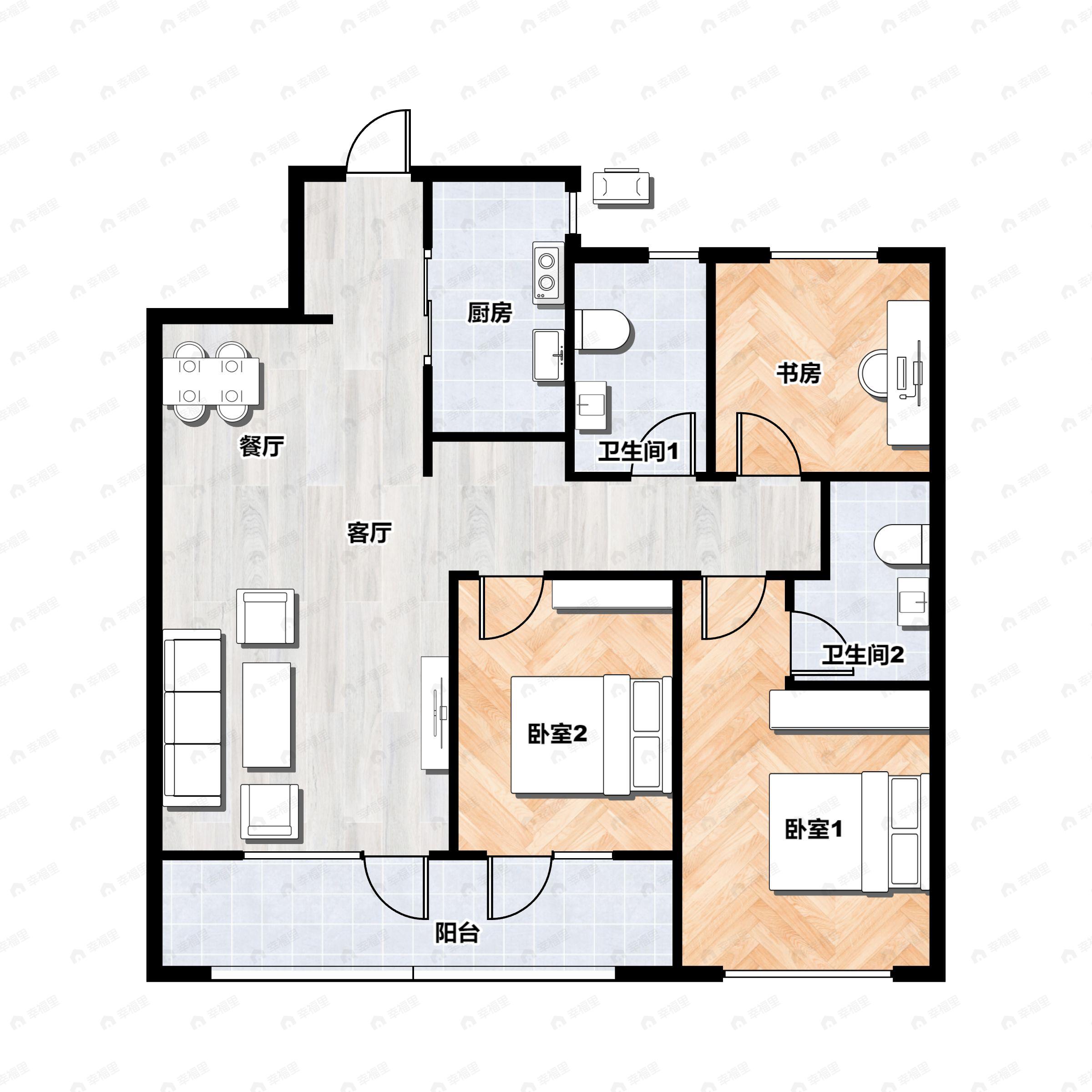 3室2厅2卫建面145平南户型图