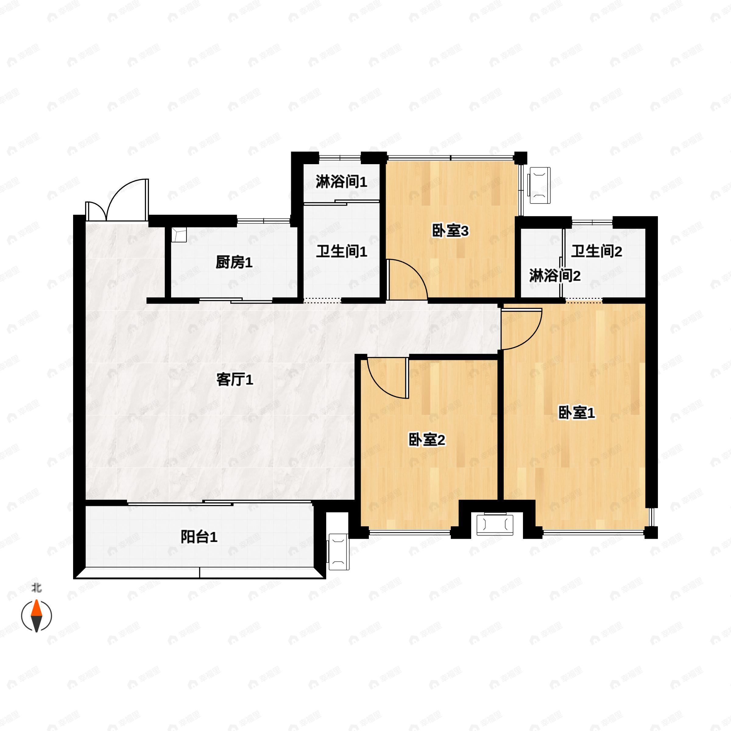 3室2厅2卫建面111m²南户型图