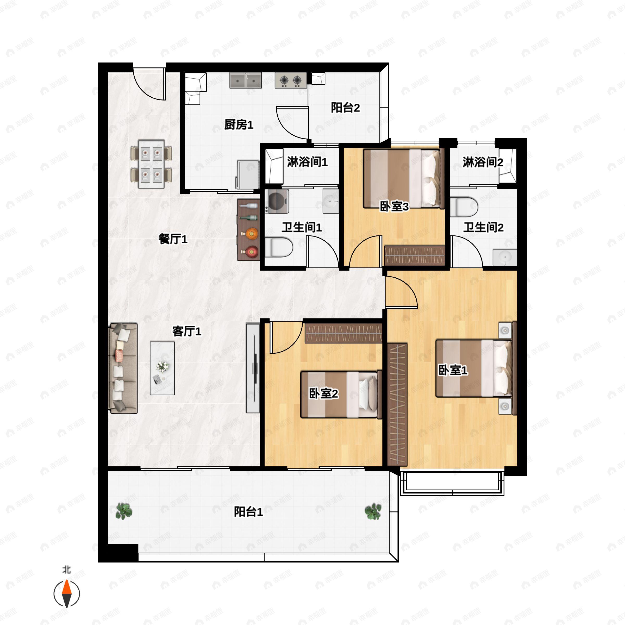 3室2厅2卫建面115平户型图