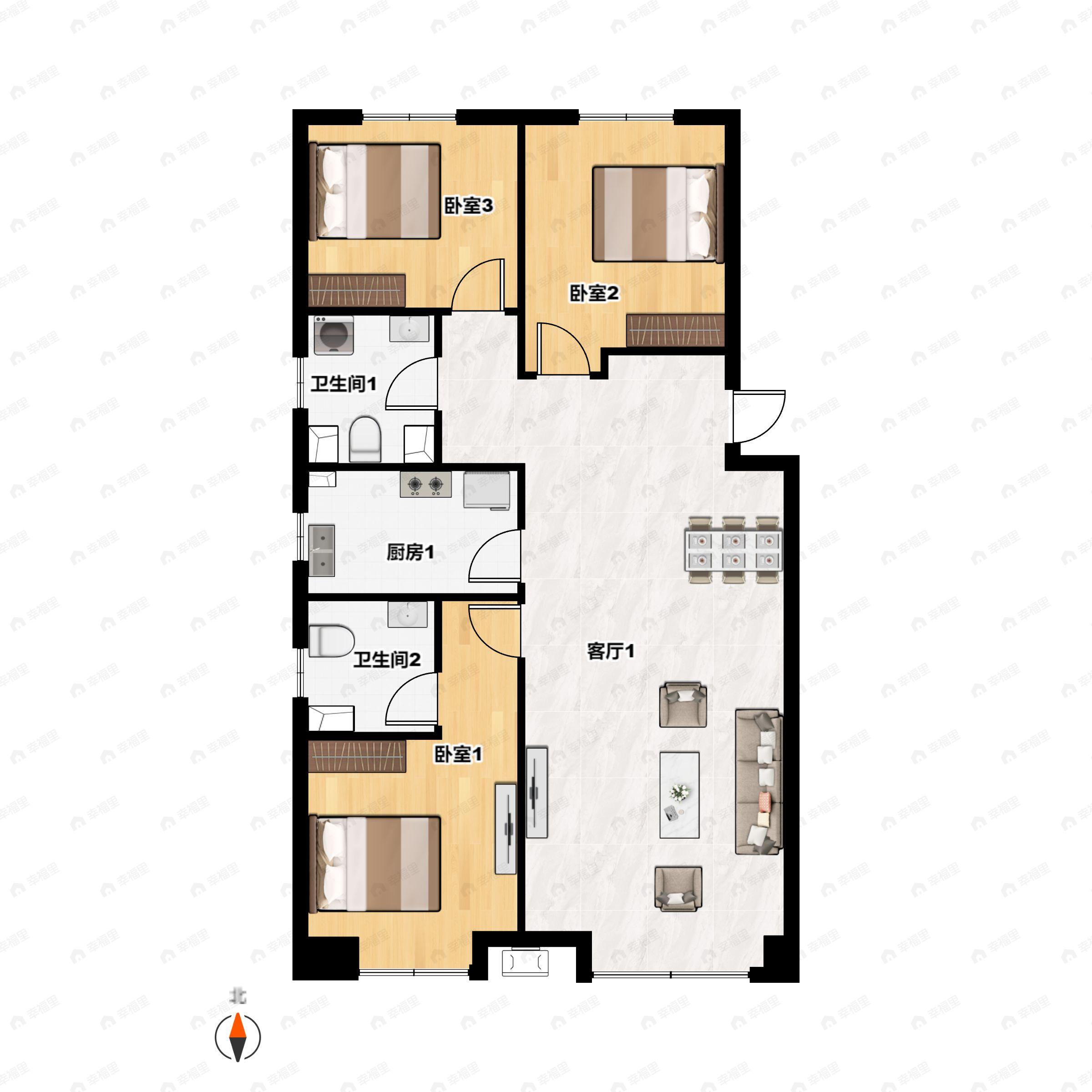 3室2厅2卫建面118平南户型图