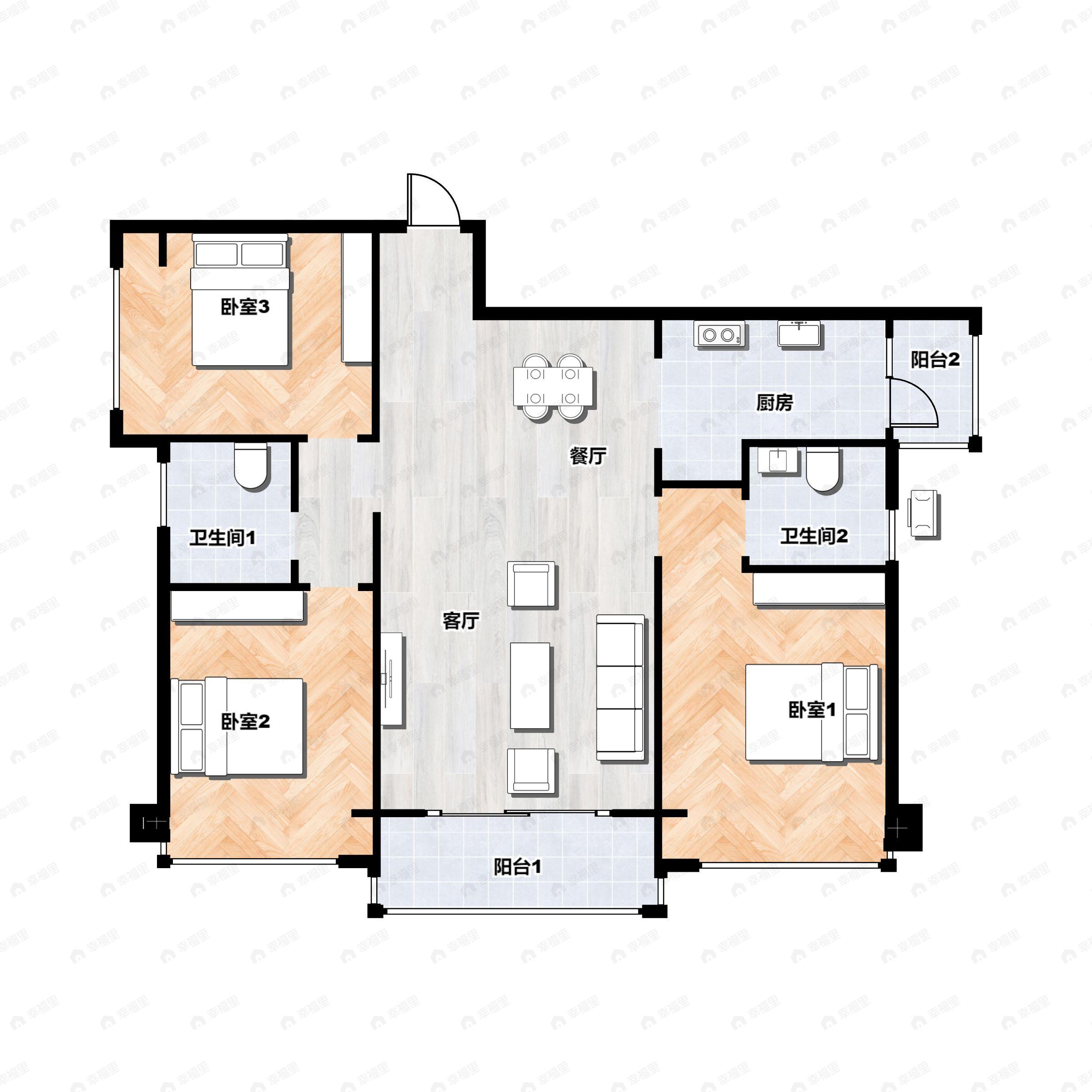 3室2厅2卫建面126m²南户型图