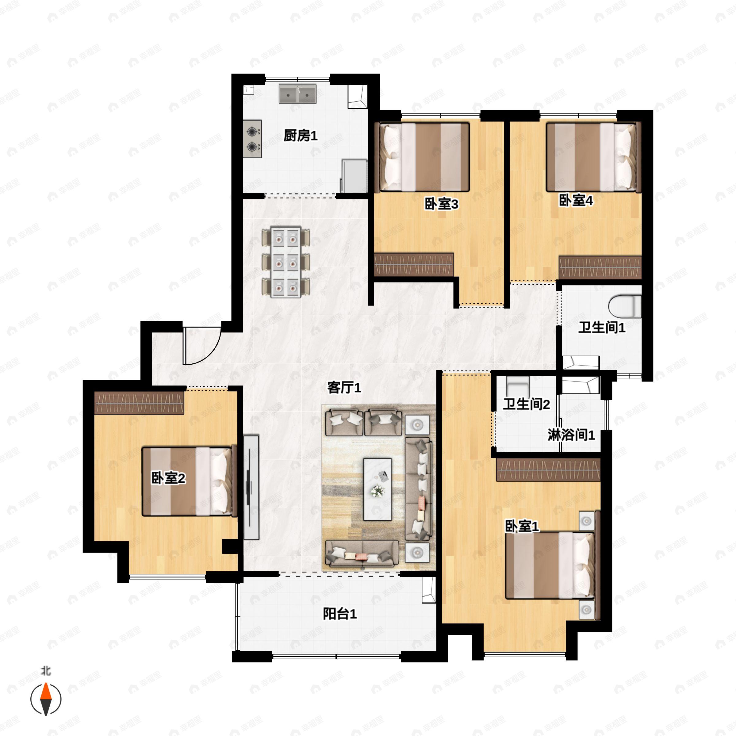 4室2厅2卫建面155平北|南户型图