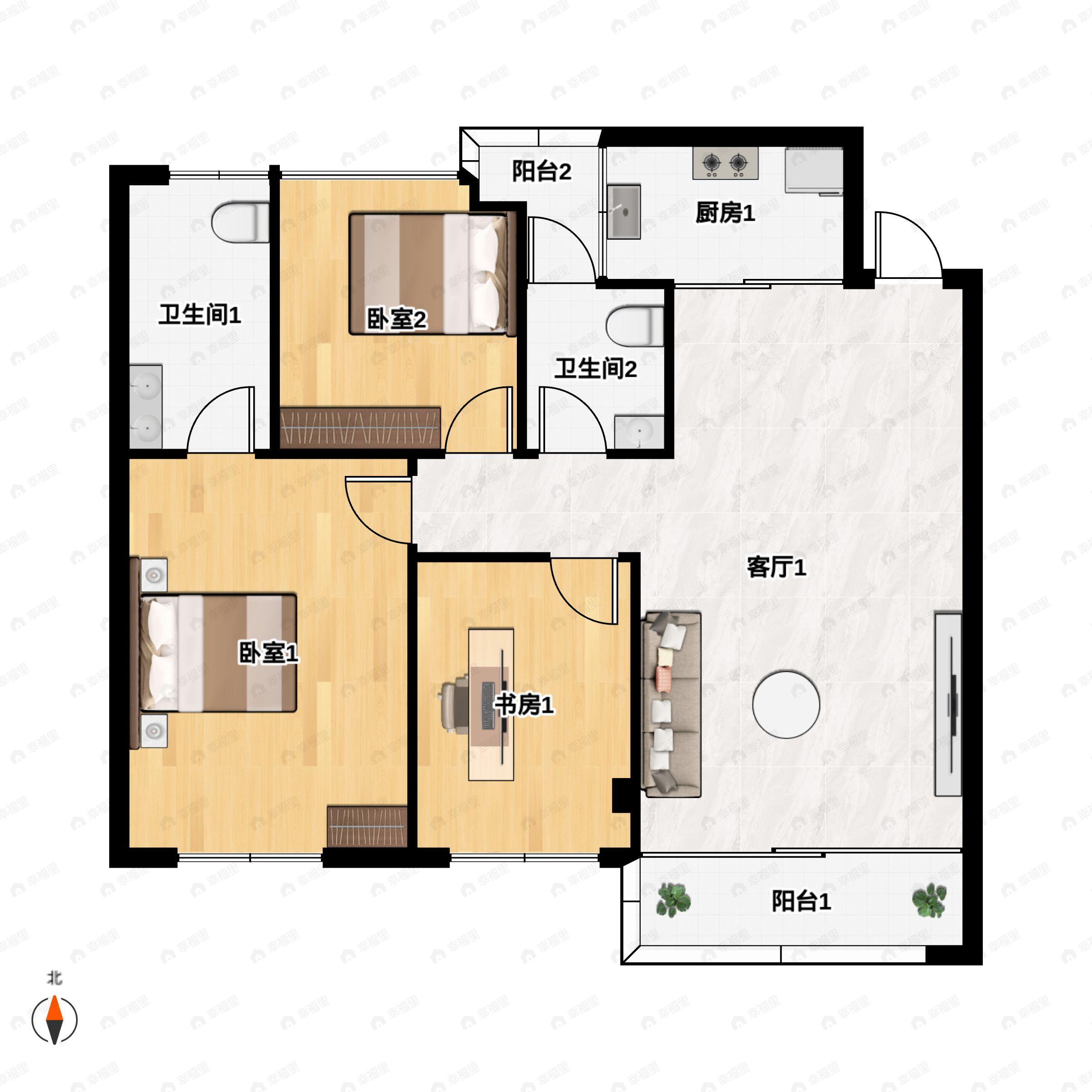 3室2厅2卫建面89平户型图