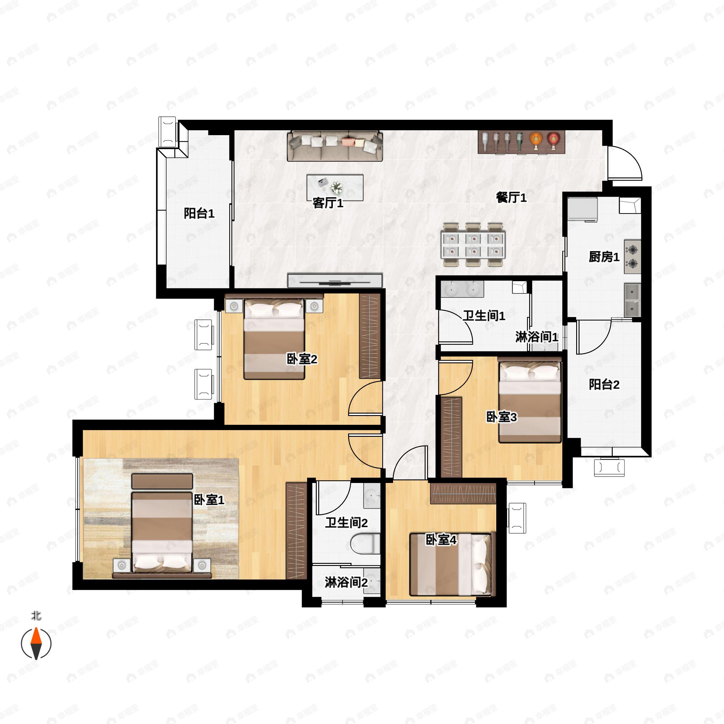 4室2厅2卫建面115平南户型图