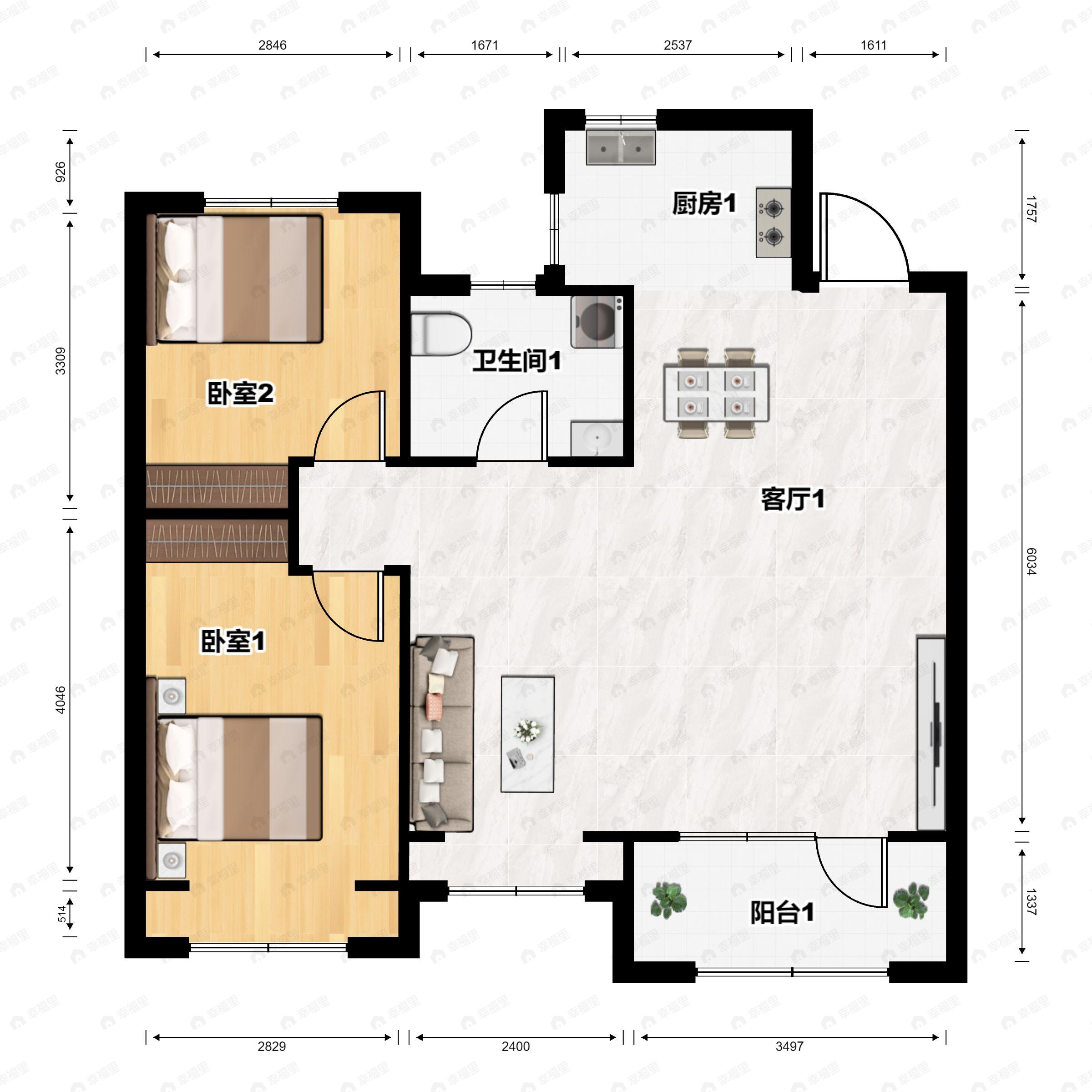 3室2厅1卫建面89平北|南户型图