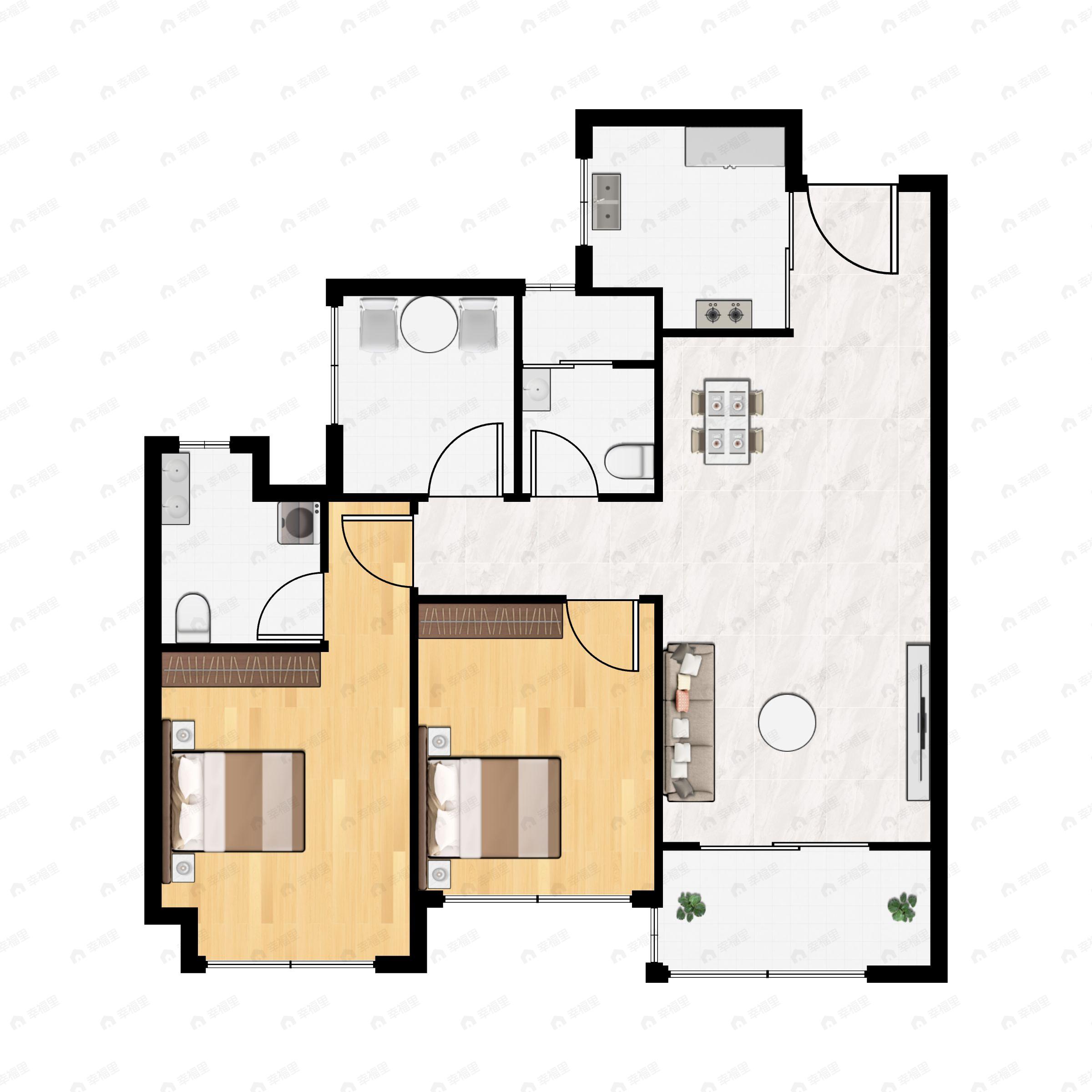 2室2厅2卫建面85m²南户型图