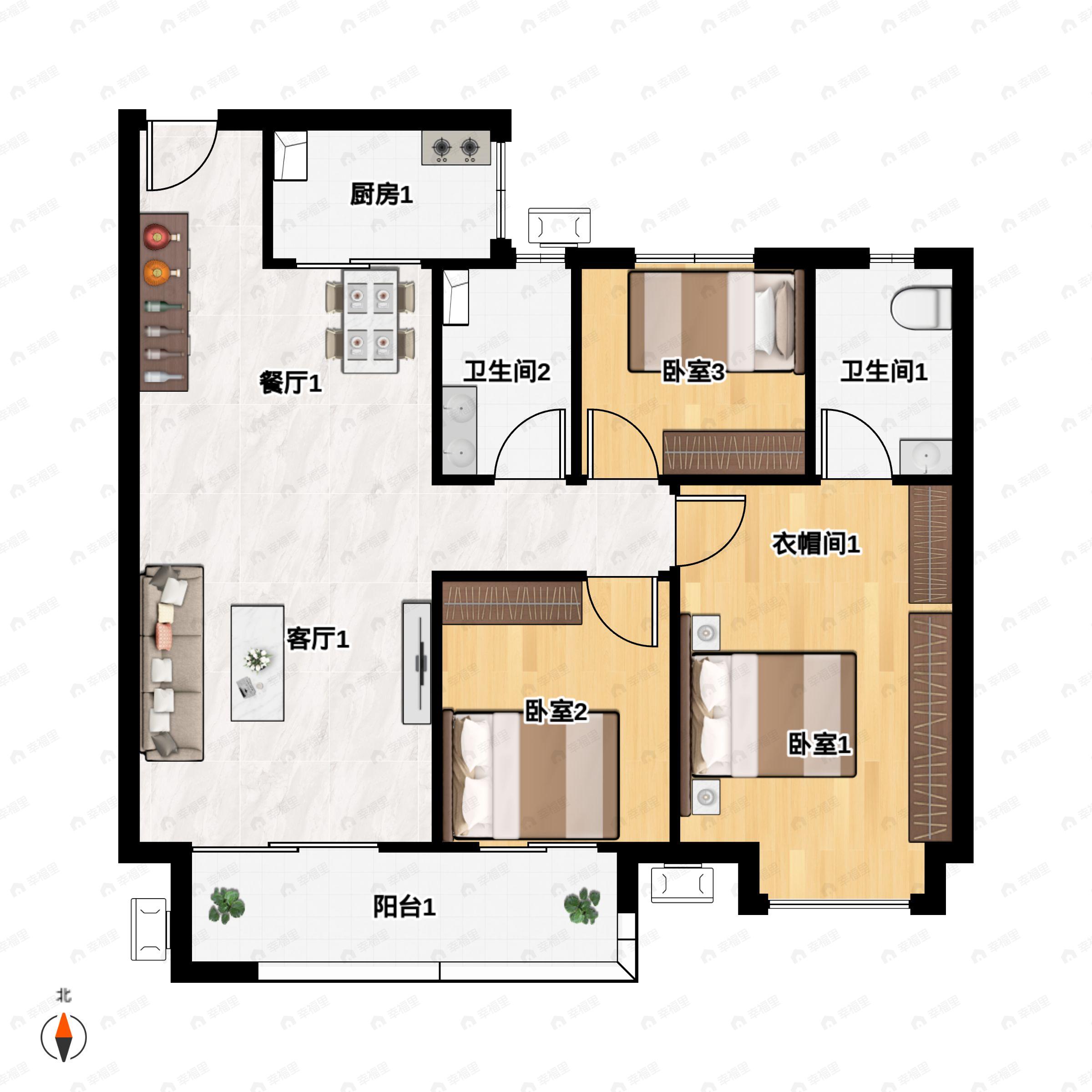 3室2厅2卫建面115m²南户型图