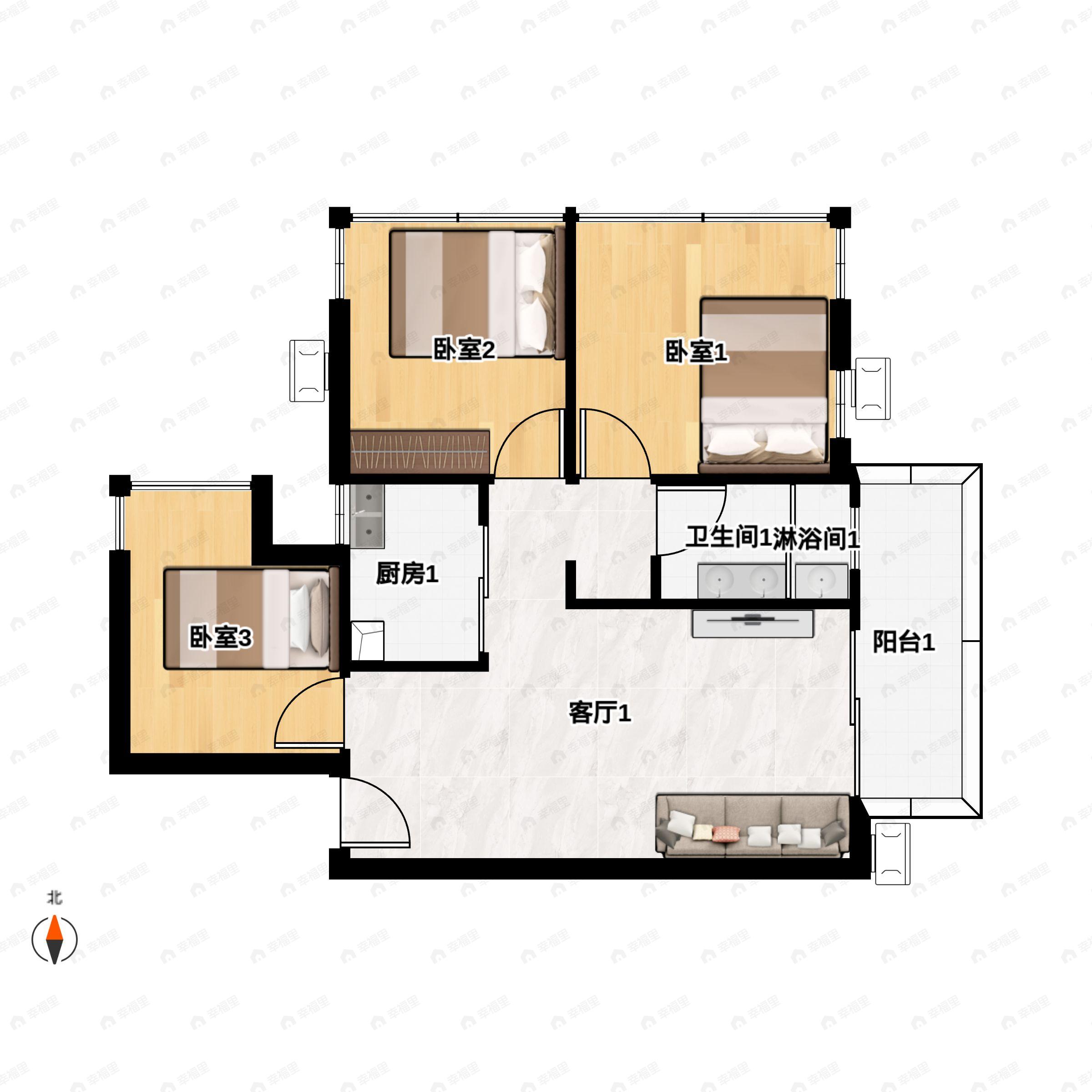 3室2厅1卫建面75平户型图