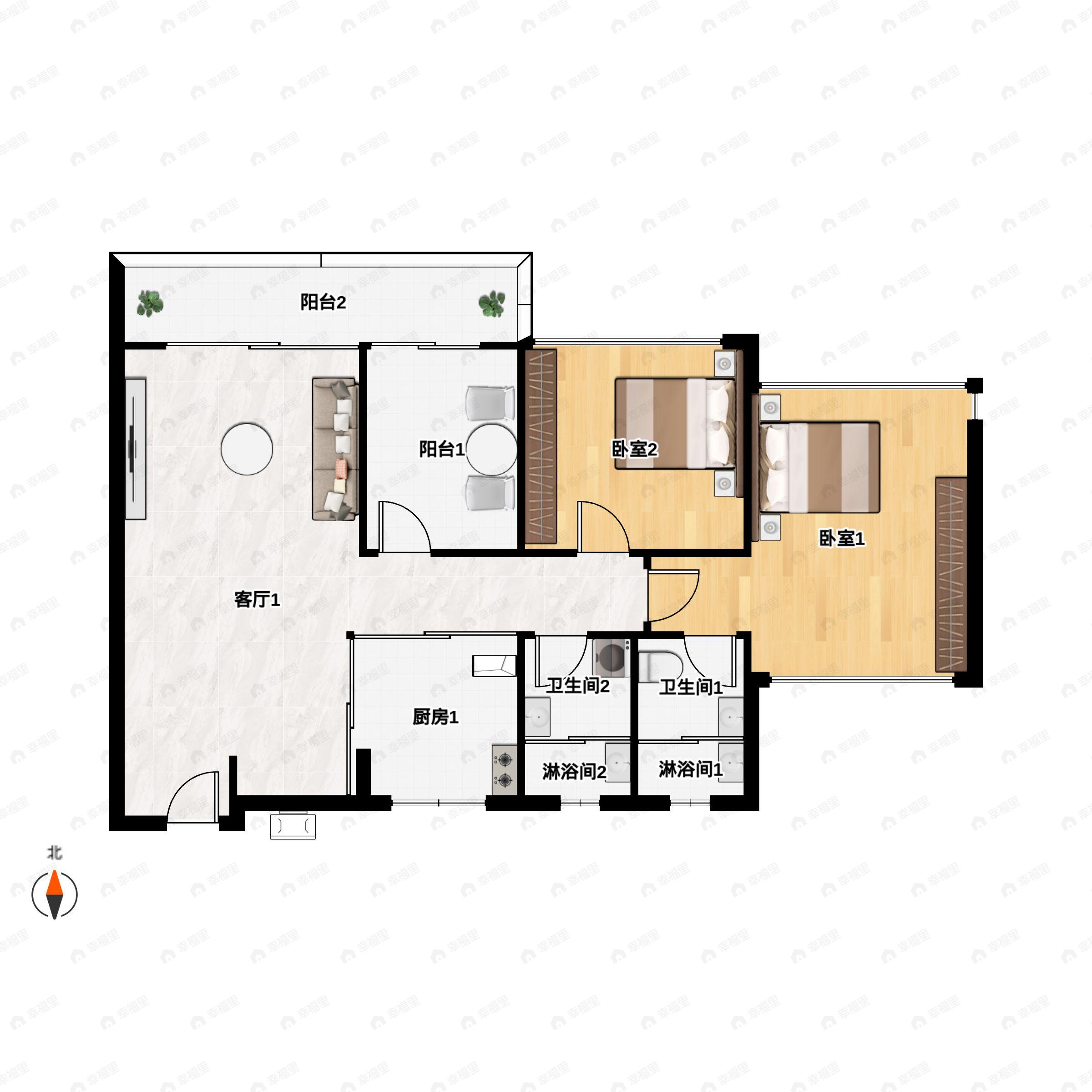 2室2厅2卫建面84m²东北|西北户型图