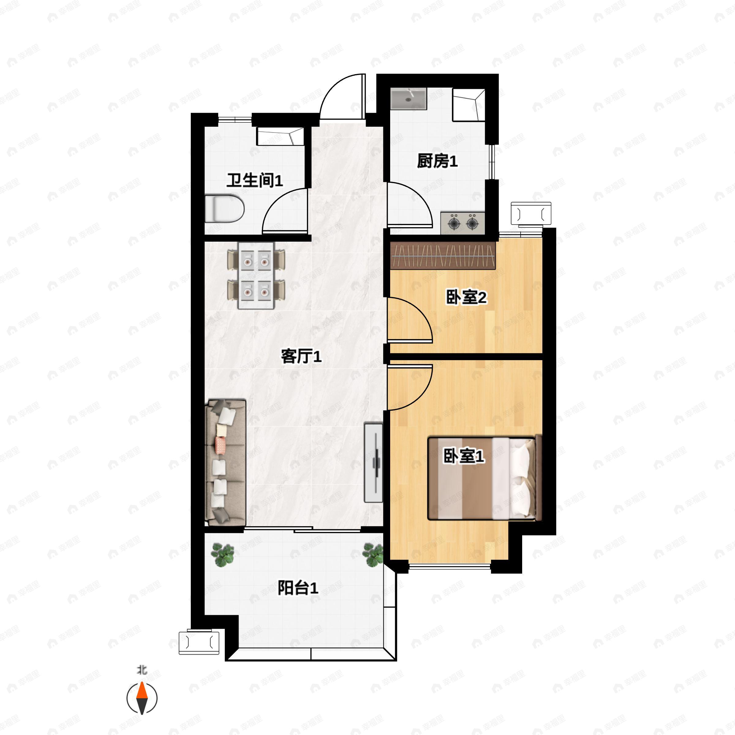 2室2厅1卫建面61m²东|西南|西北|北户型图
