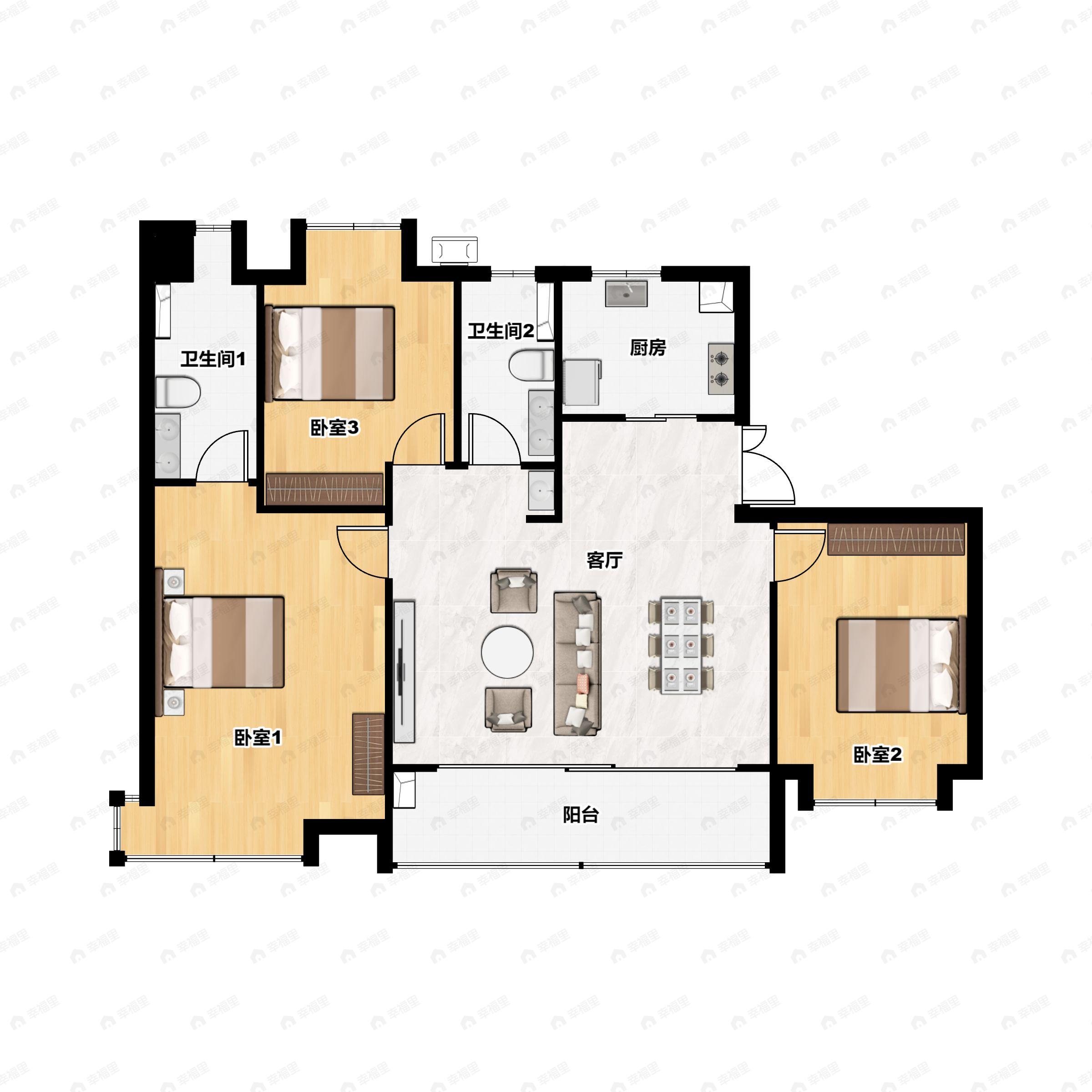3室2厅2卫建面141m²北|南户型图
