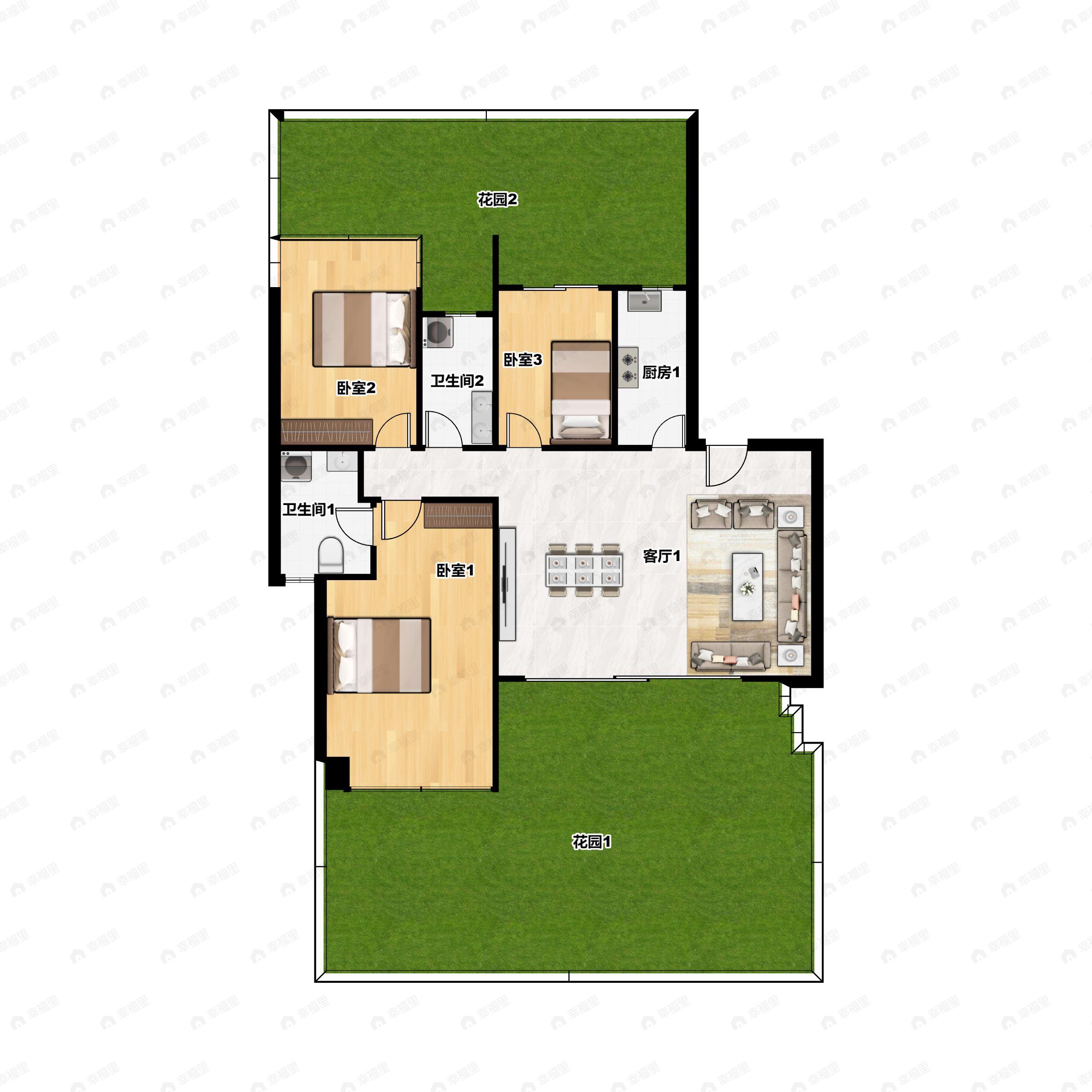 3室2厅2卫建面133m²户型图