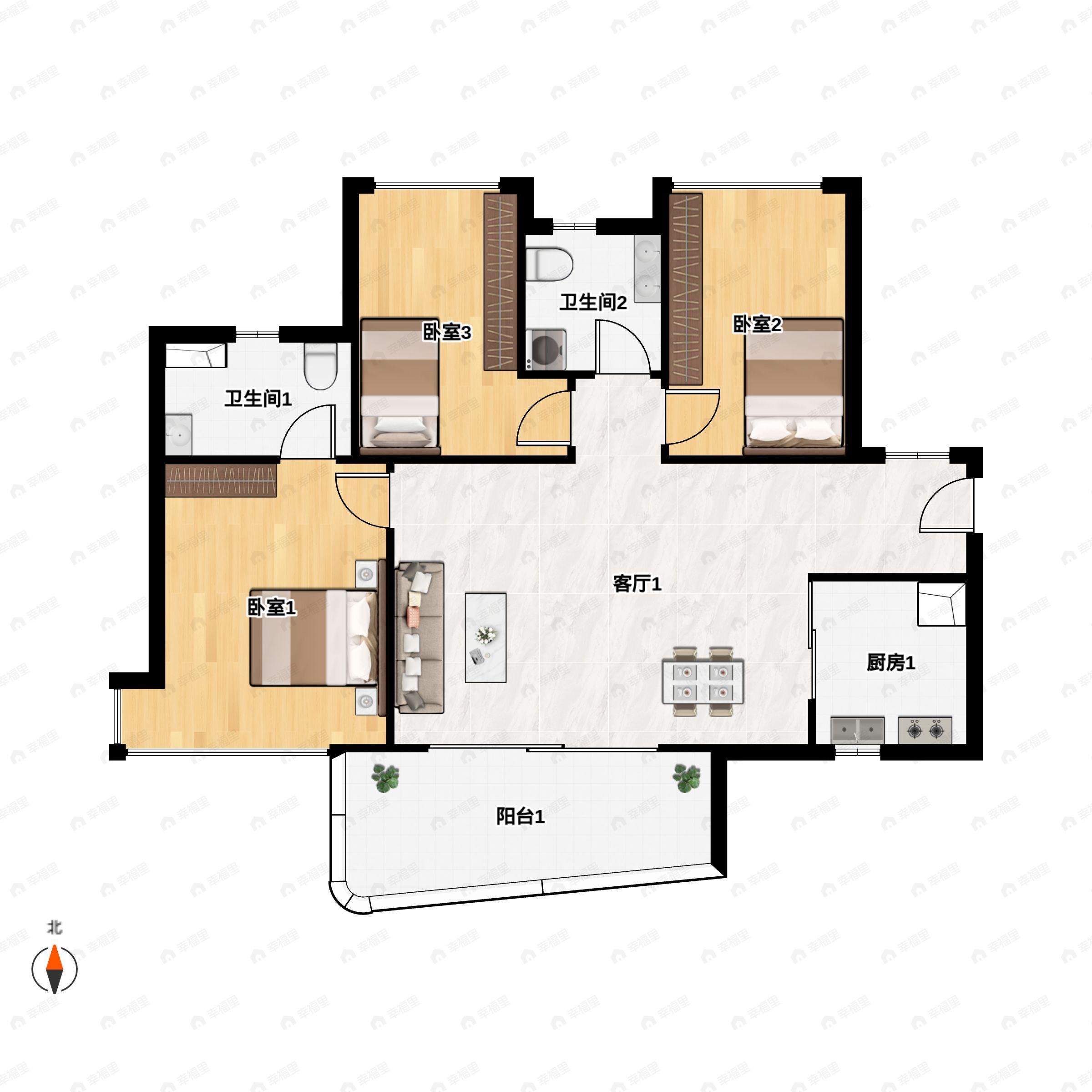 3室2厅2卫建面106平户型图