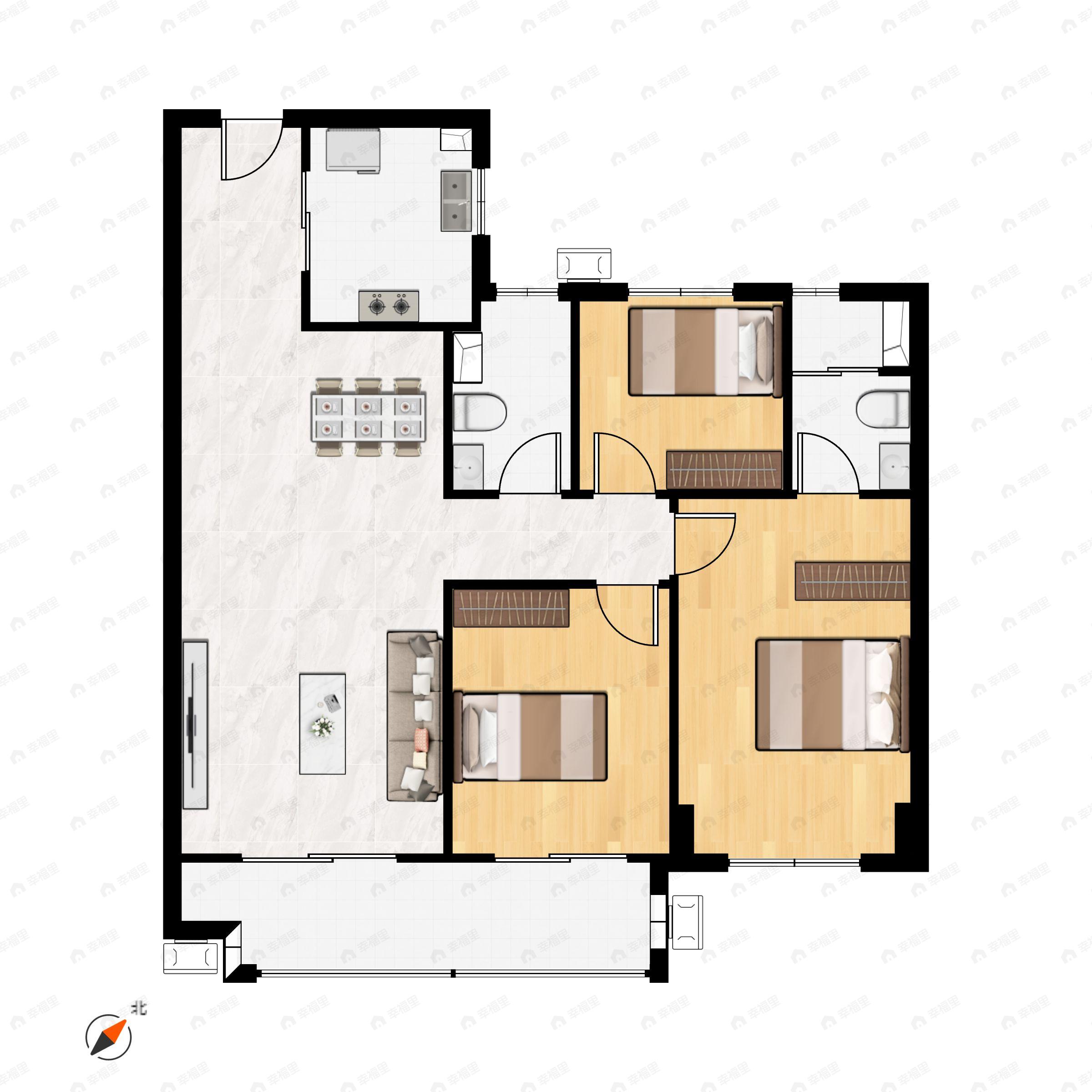 3室2厅2卫建面112m²南户型图